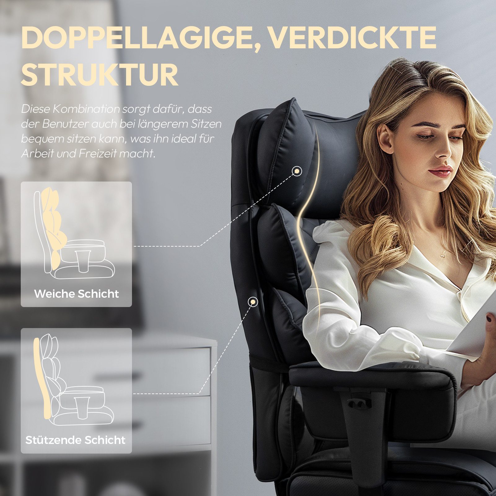 Dowinx Gaming-Stuhl Bürostuhl Ergonomisch mit Taschenfeder-Kissen (Packung), Chefsessel mit weiche Rückenlehne und verstellbare Lendenkissen