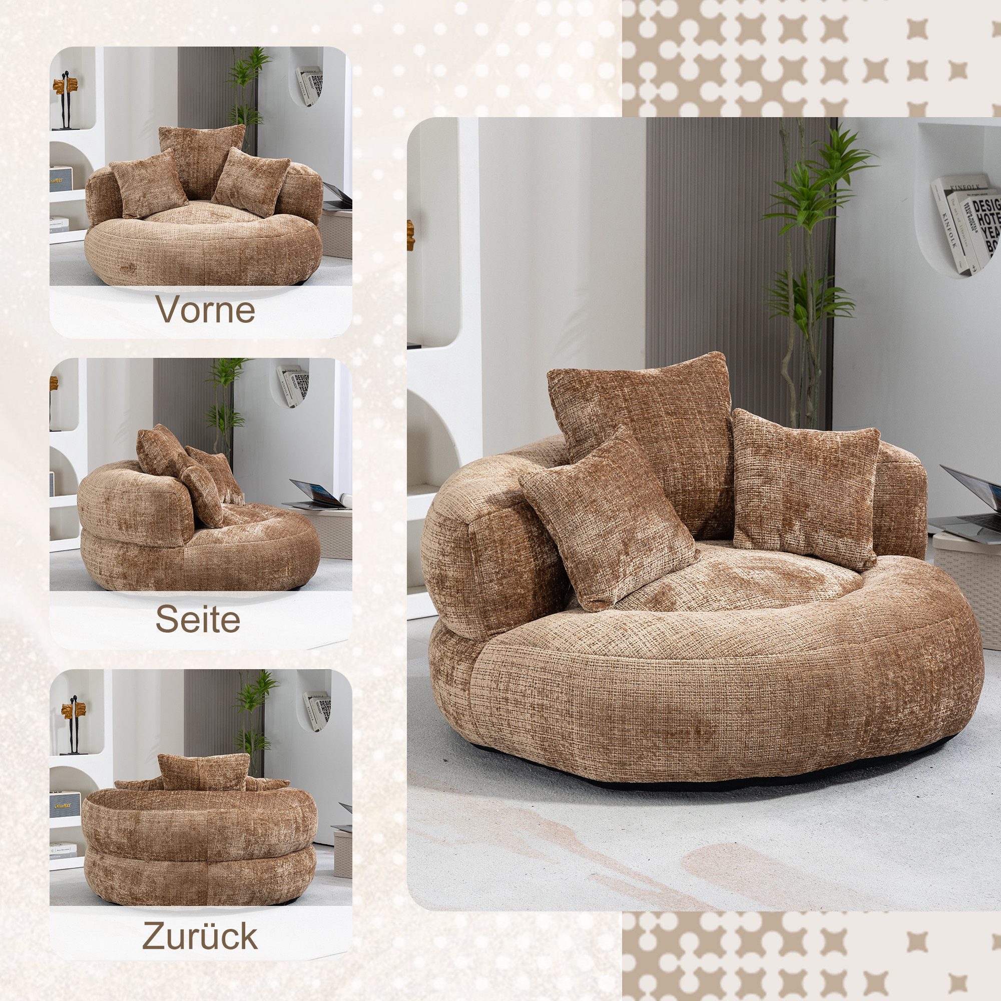 Celya Sitzsack Lazy Sofa Gaming Sofa Stuhl mit drei Kissen,hoch Rücken Sitzsack Stuhl (1 Sitzsack, 3 Kissen), Couch für Erwachsene und Kinder, für Schlafzimmer  – Bild 4 von 5