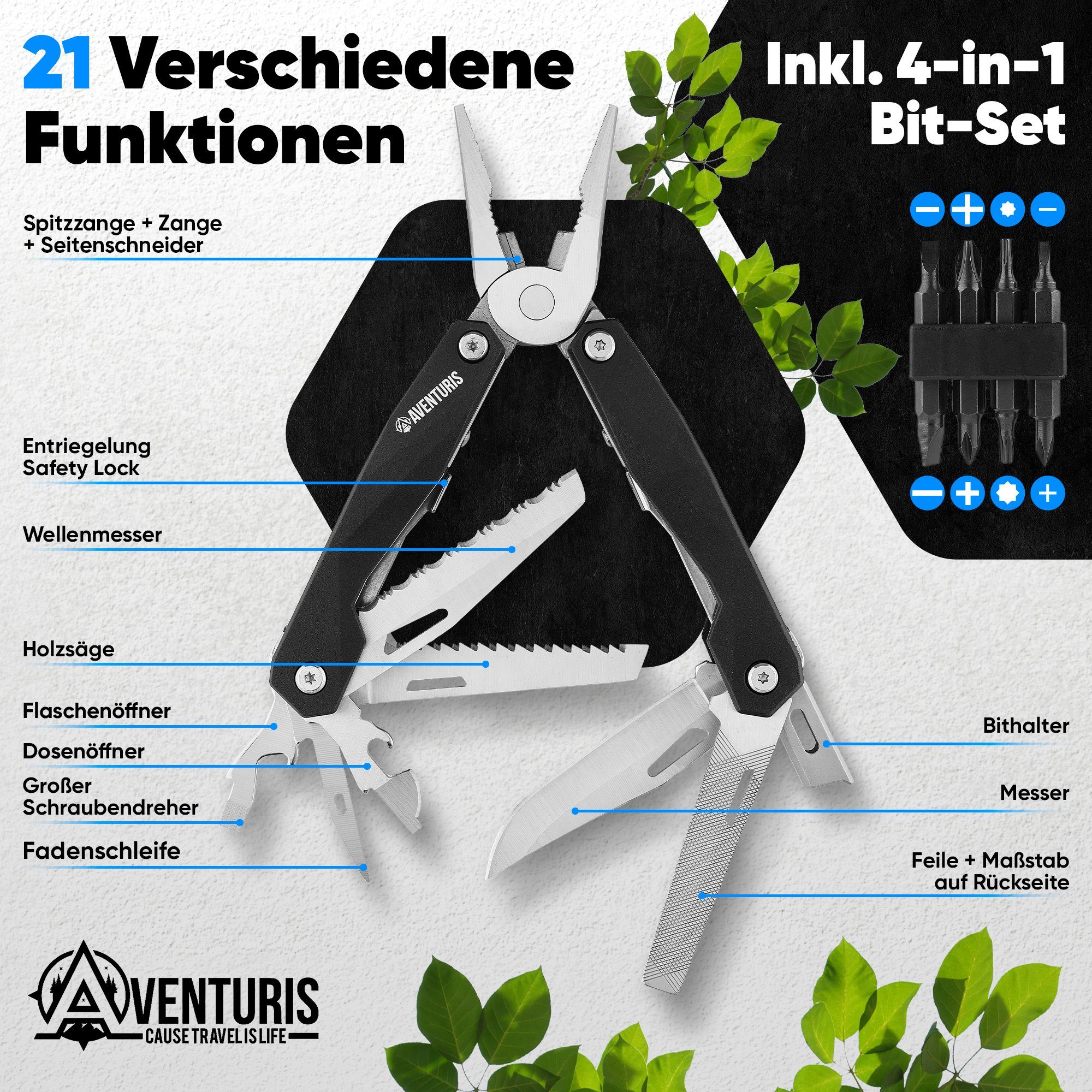 AVENTURIS Multitool T21 aus Edelstahl mit 21 Funktionen! Perfekt fürs Wandern und Campen, Edelstahl – Bild 4 von 5