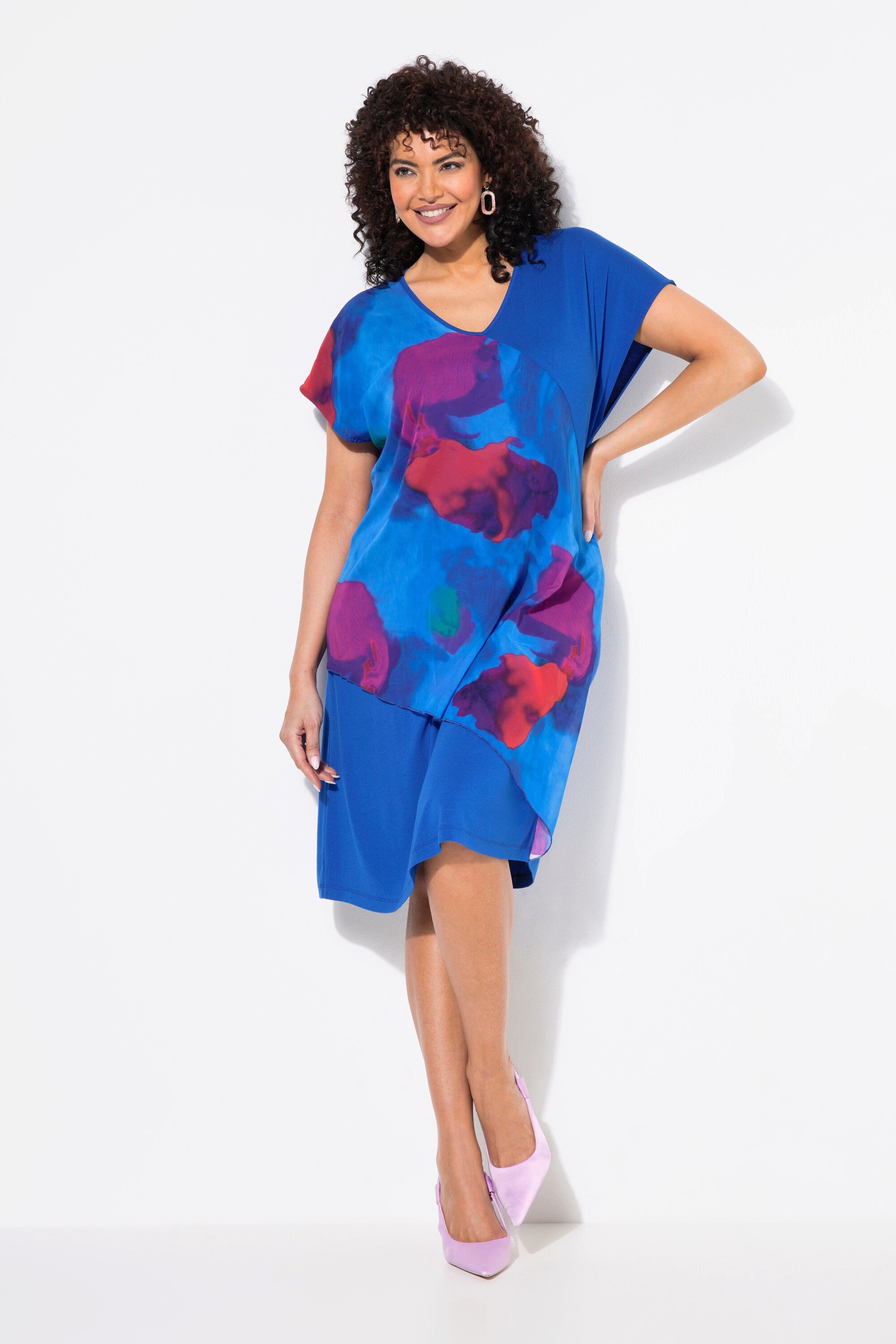 Ulla Popken Minikleid Jerseykleid Chiffon-Überwurf V-Ausschnitt Halbarm günstig online kaufen