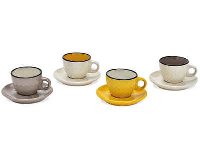 matches21 HOME & HOBBY Tasse Espresso-Tassen 4er Set Emaille-Optik einfarbig Struktur kariert, Porzellan, Kleine Kaffee-Tassen, dickwandig, grau weiss braun gelb, 90 ml