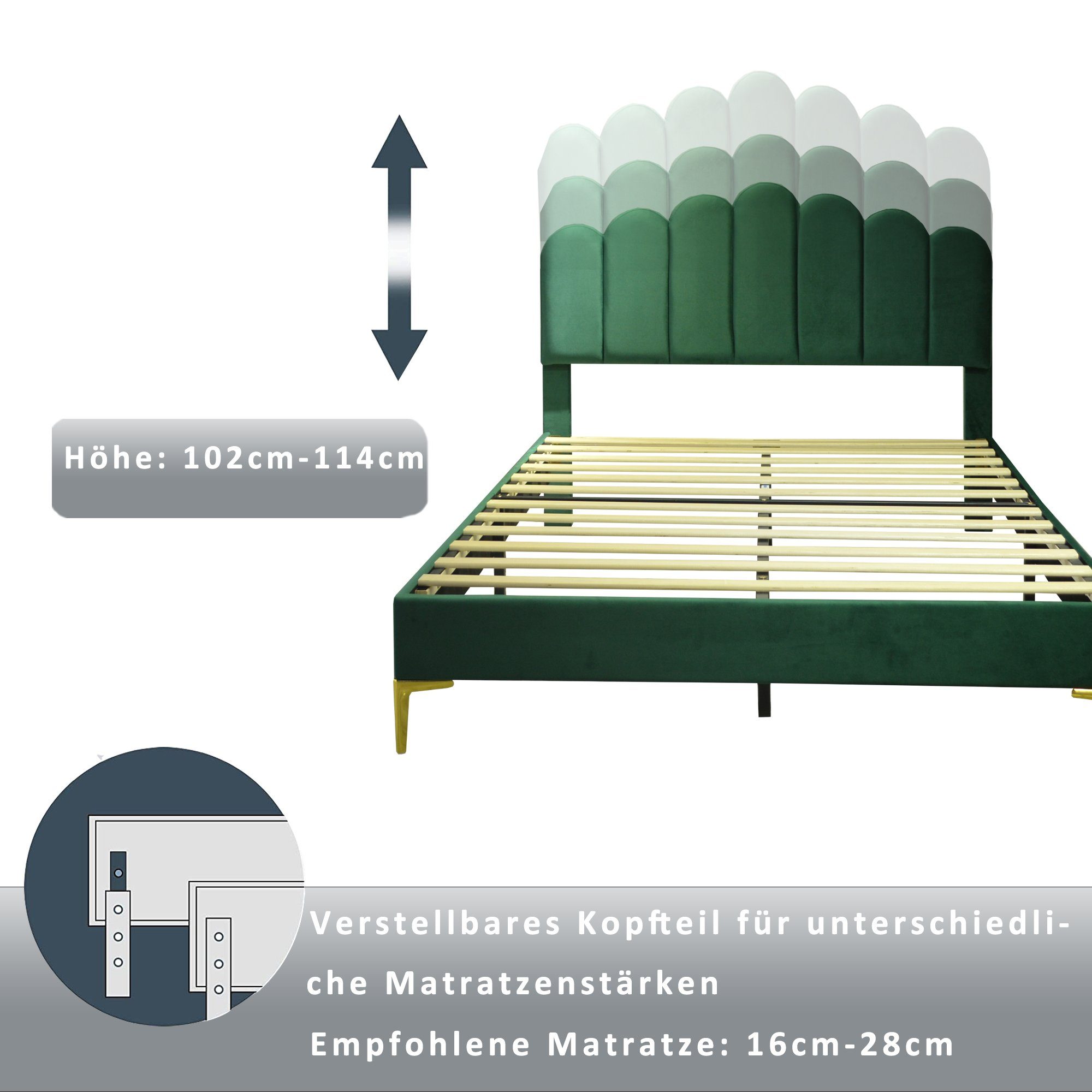 Polsterbett (Doppelbett 140 x 200 cm, ohne Matratze), mit Finger-Form & Verstellbares Kopfteil und Lattenrost, Samtstoff