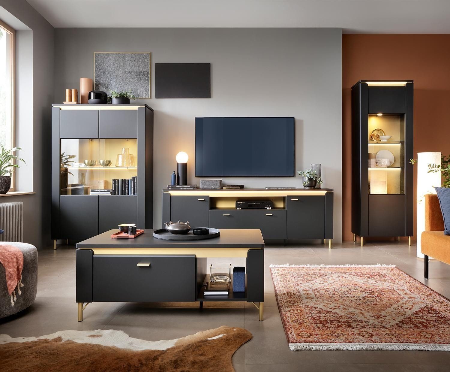 Highboard NORICA, 2 Glastüren, Goldgelb, Schwarz, Soft-Close, ohne Beleuchtung, B 110 x H 169 x T 40 cm