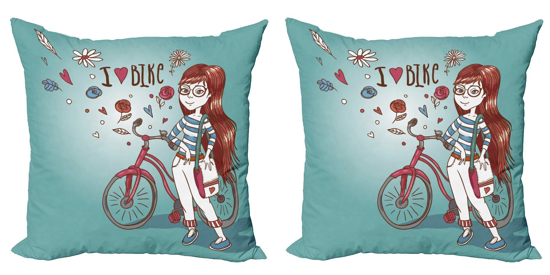 Kissenbezüge Modern Accent Doppelseitiger Digitaldruck, Abakuhaus (2 Stück), Karikatur Mädchen mit Fahrrad