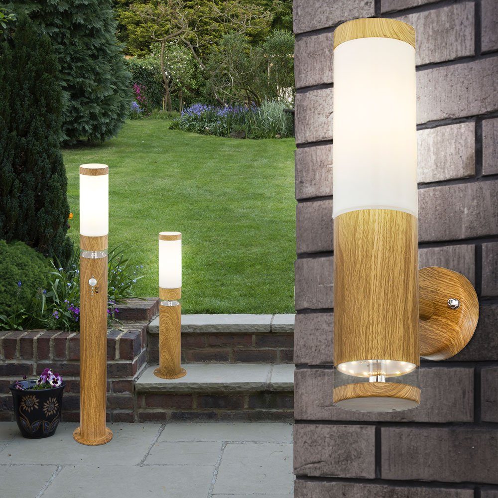 Holzoptik etc-shop LED Balkon Bewegungsmelder Außen-Stehlampe, Stehlampe - Garten Stehleuchte Außenlampe Wandleuchte Holzoptik