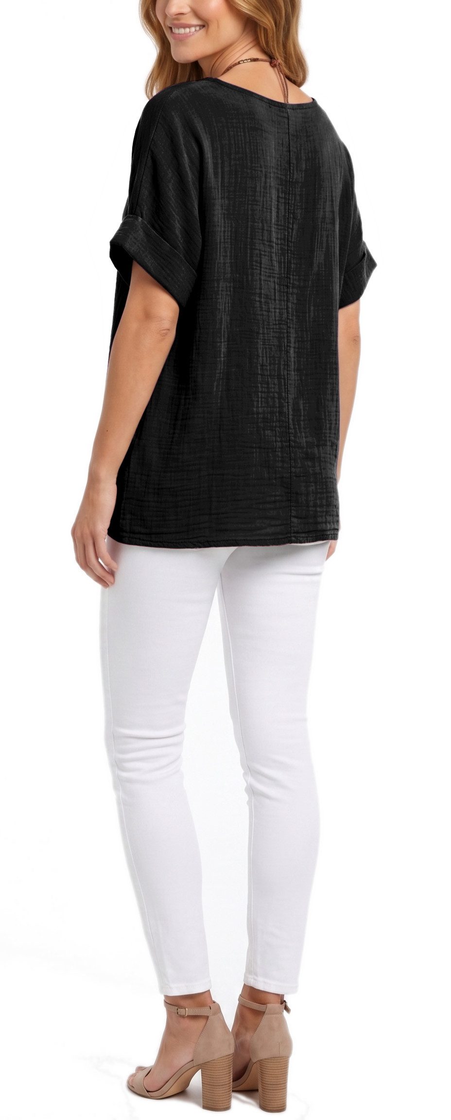 dy_mode Kurzarmbluse Damen Kurzarm Bluse Leichte Sommer Tunika Baumwollbluse Oberteil in Unifarbe, mit passende Kette