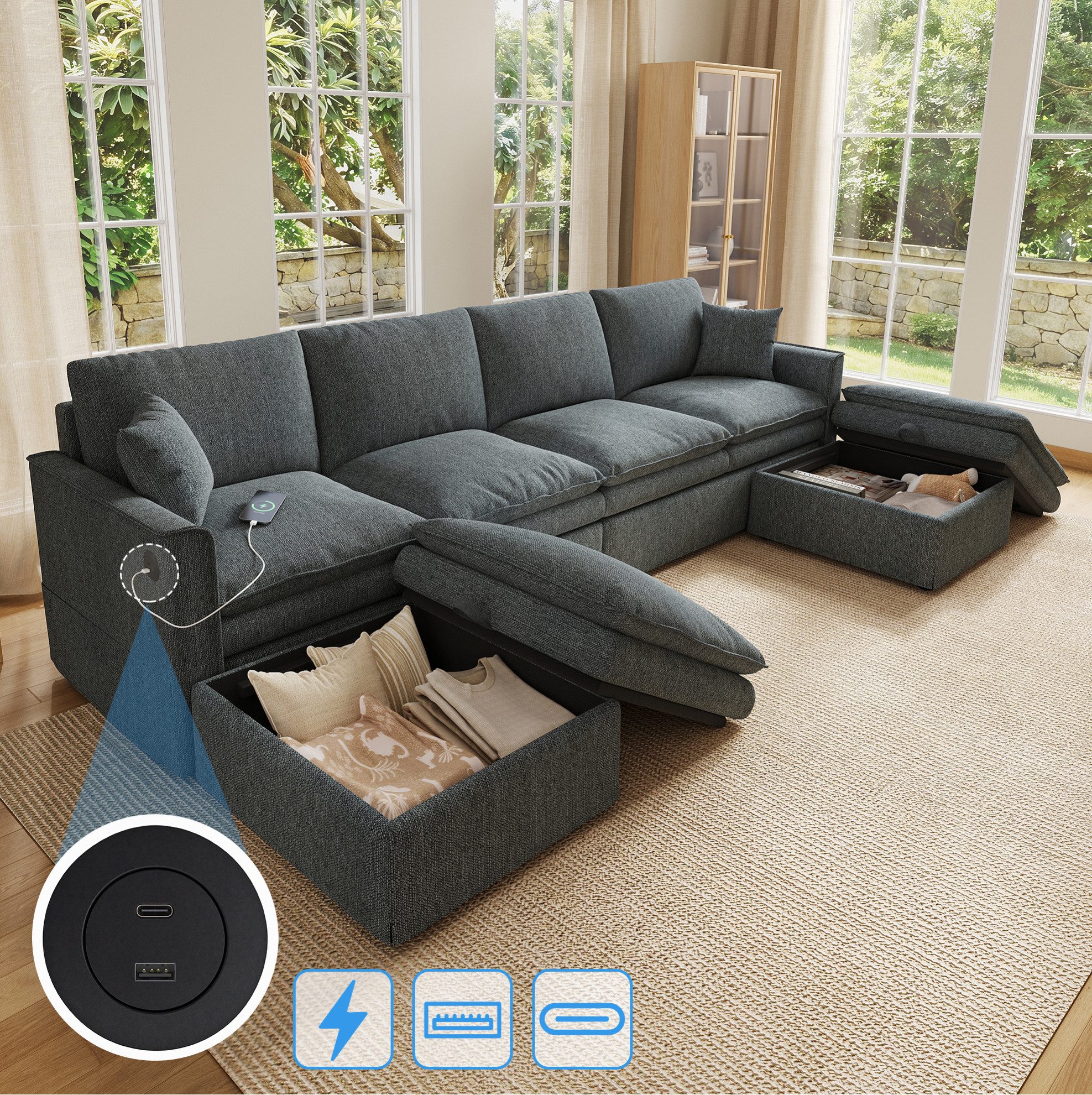 OKWISH Ecksofa Modulares Sofa mit 2 Hockern, Stauraum und USB, Grau, 277x135x80 cm, Baumwolle-Leinen