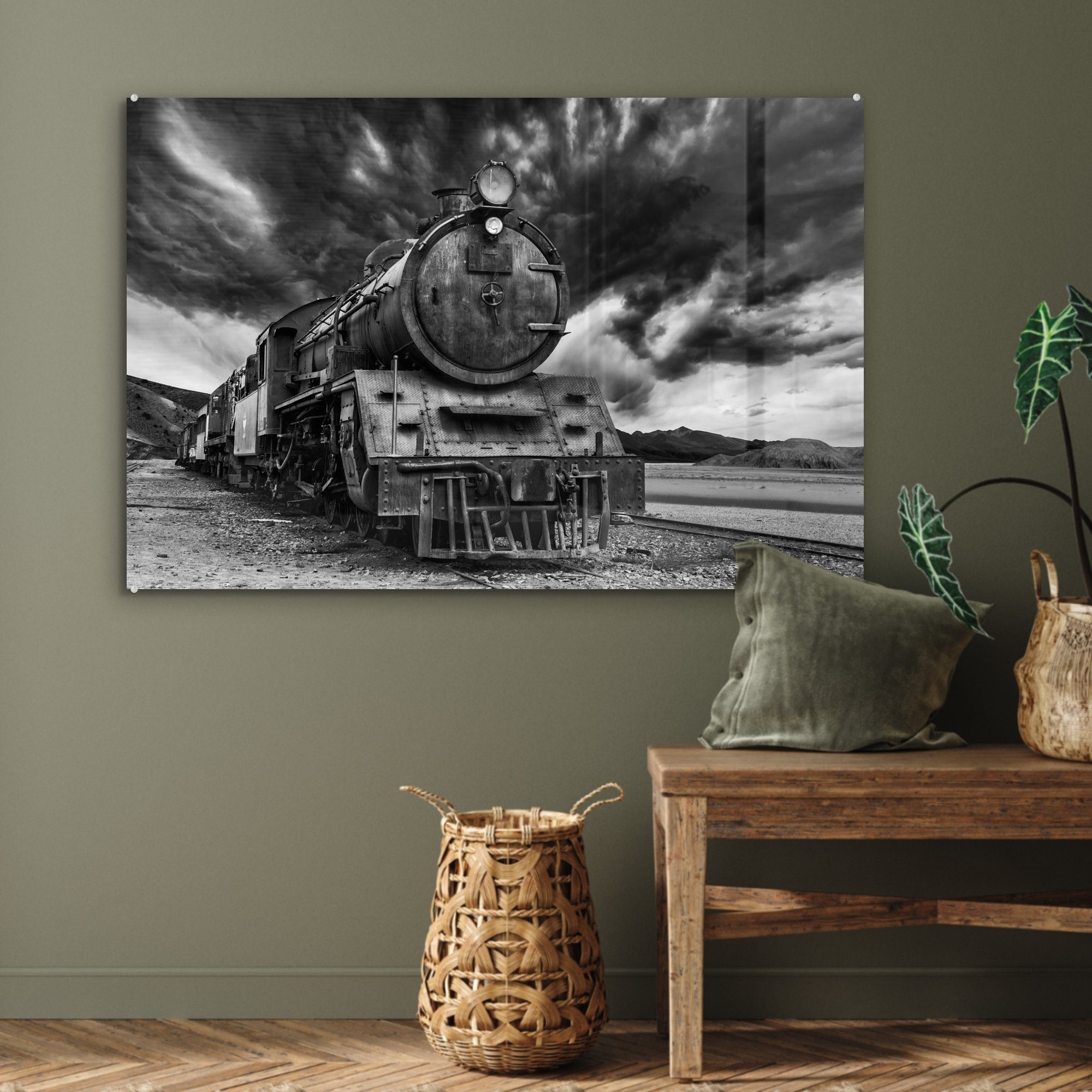 MuchoWow Acrylglasbilder (1 Dampfeisenbahn Schlafzimmer asiatischen Acrylglasbild einer Jordanien, im St), Wohnzimmer & Schwarz-Weiß-Foto