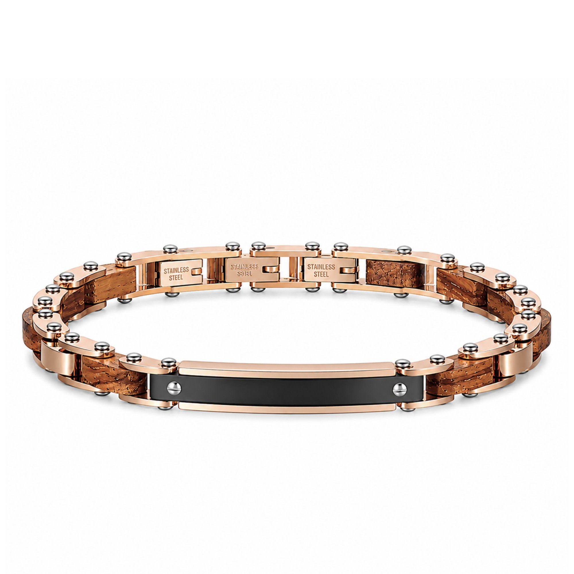 UNIQAL.de Edelstahlarmband Unisex AURORA HOLZ ROSEGOLD – Edelstahl & Holz, Roségold Optik (mit eleganter Linienführung, natürlicher Holzstruktur und handgefertigten Details, inkl. Schmuckverpackung), hautfreundlicher 316L Edelstahl, verstellbar