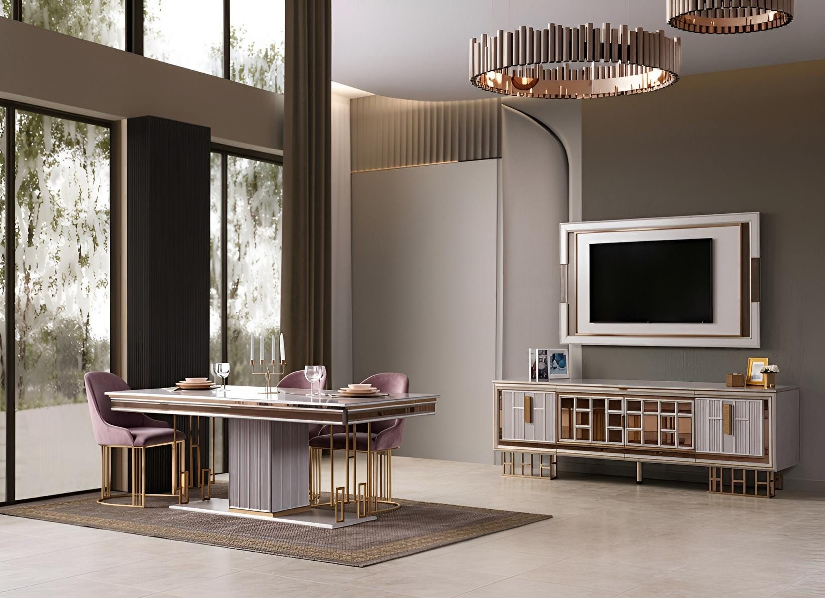JVmoebel Essgruppe Esszimmer Set Esstisch 4x Stühle TV-Block Grau Moderner Stil Stilvoll, (6-tlg), Made in Europa