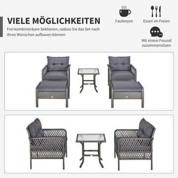 Outsunny Sitzgruppe Rattan Gartenmöbel Set für 4 Personen 5-TLG mit Hocker Tisch, (Gartenmöbel, 5-tlg., Balkonmöbel), Metall Grau 65 x 66 x 75 cm