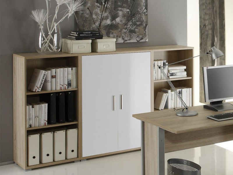 möbelando Kommode Clermont, Highboard aus Spanplatte in Sonoma-Eiche Nachbildung bestehend aus 1x kleinen Aktenschrank (Front in Weiß) und 2 kleine Regalen. Stellmaß ca. Breite 184 cm, Höhe 114 cm, Tiefe 35 cm.