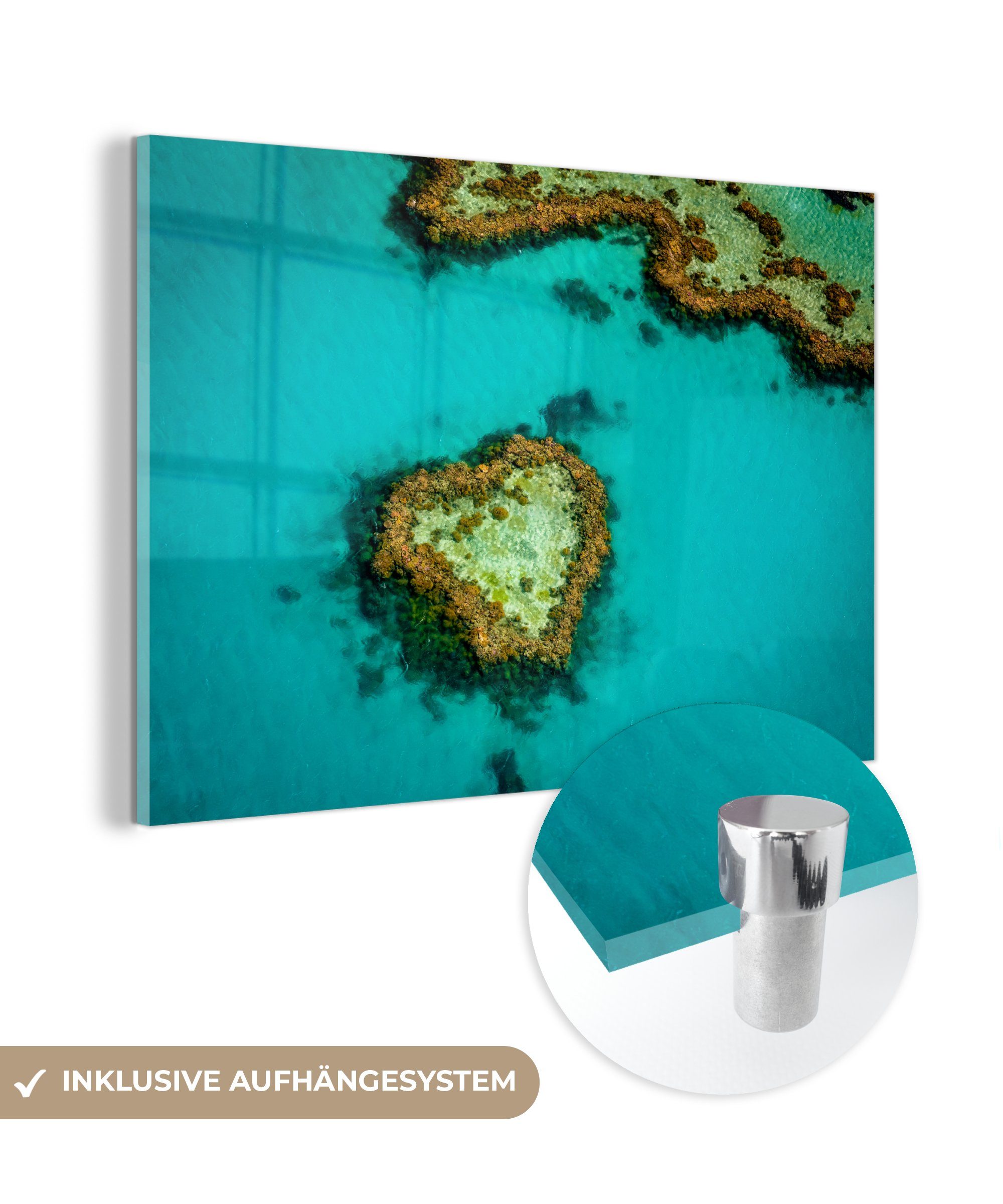 MuchoWow Acrylglasbild Great Barrier Reef mit Insel im Herzen, (1 St), Acrylglasbilder Wohnzimmer & Schlafzimmer