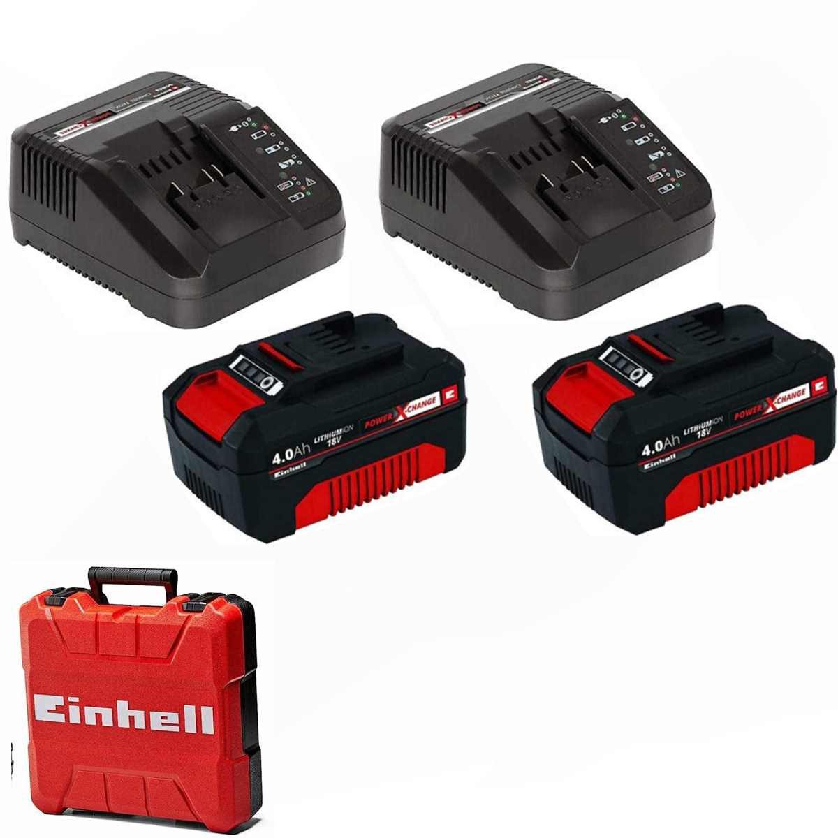 Einhell 2 x 4,0 Ah Akku und 2 x Ladegerät Power X-Change Li-Ion, 18V + Koffer Akku Starter-Set (4 St)