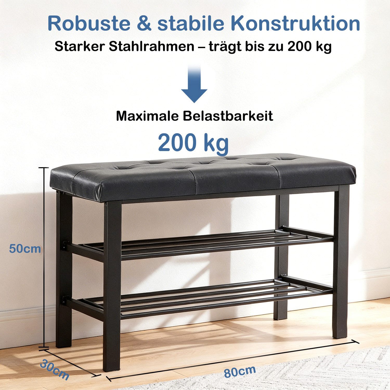 SURFOU Schuhbank Sitzbank mit Gepolsterter bis 200 kg Sitzfläche Schuhregal PU (mit 2 Gitterablagen), für Eingang Flur Schlafzimmer Verstellbares Kunstleder