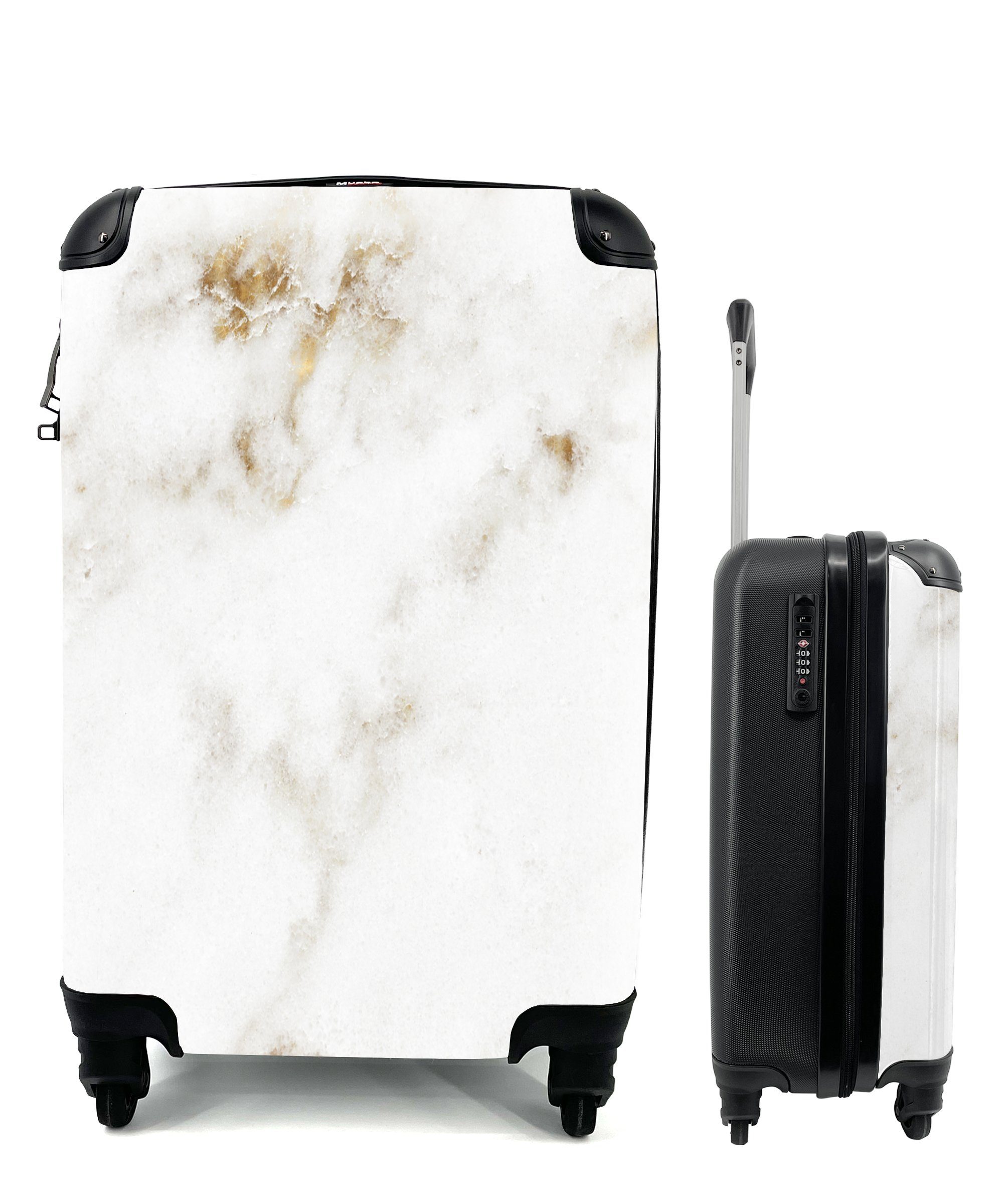 MuchoWow Handgepäckkoffer Marmor - Gold - Weiß - Muster, 4 Rollen, Reisetasche mit rollen, Handgepäck für Ferien, Trolley, Reisekoffer