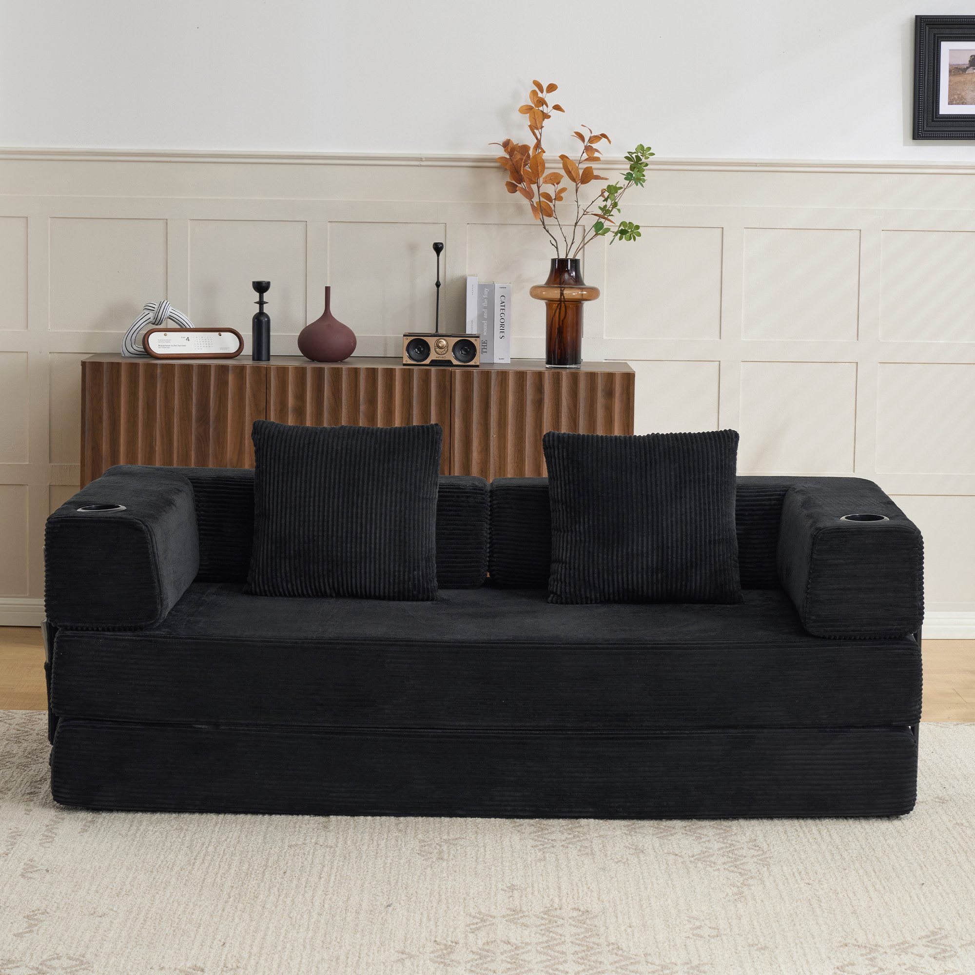 Vankel Loungebett Sofas Wohnzimmer, Sofa mit Schlaffunktion aus Cord mit Cupholder, Faltbares Schlafsofa mit Seitentaschen, Cupholdern und ohne Montage