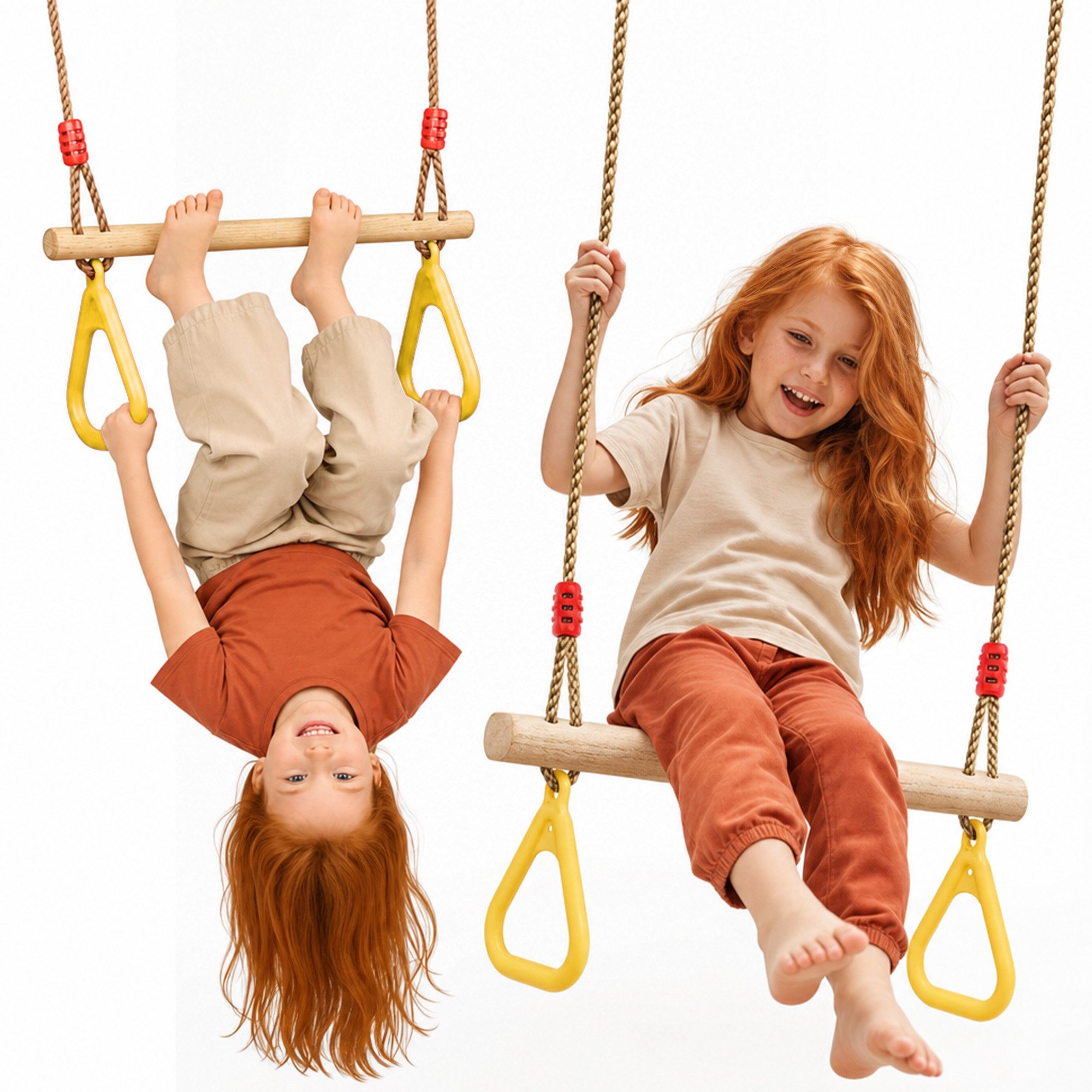 Goodevas Babyschaukelsitz Trapezstange mit Turnringen für Kinder – Holz-Schaukel, Höhenverstellbar 110–198 cm, für drinnen & draußen, einfache Montage