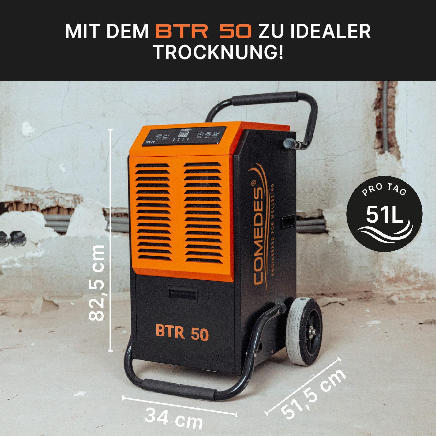 Comedes Bautrockner Luftentfeuchter Comedes BTR 50, 51 Liter/Tag, mit Pumpenset, Entfeuchtung 51 l/Tag, Tank 5.1 l