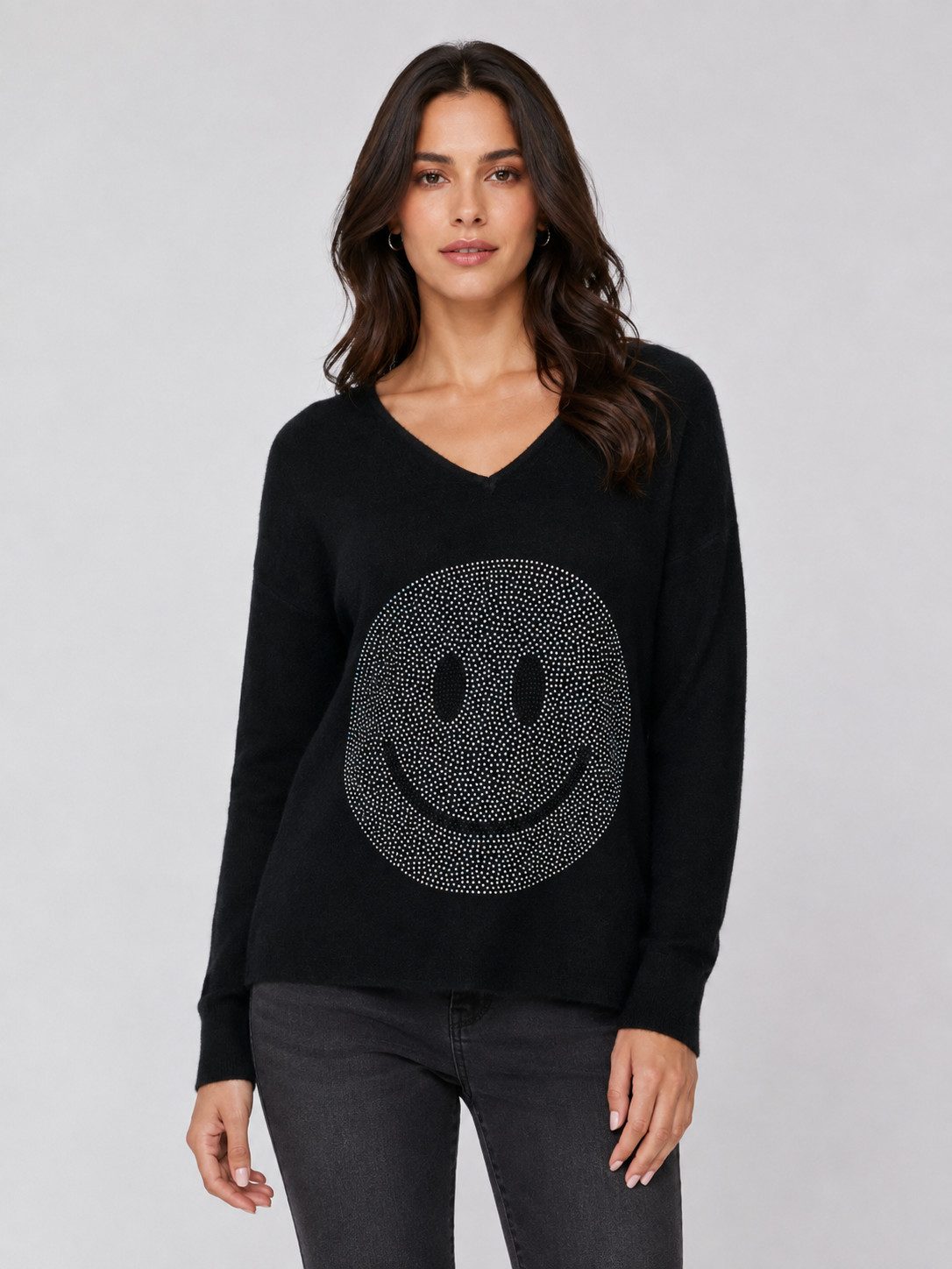 Passioni Strickpullover mit Strass-Smiley