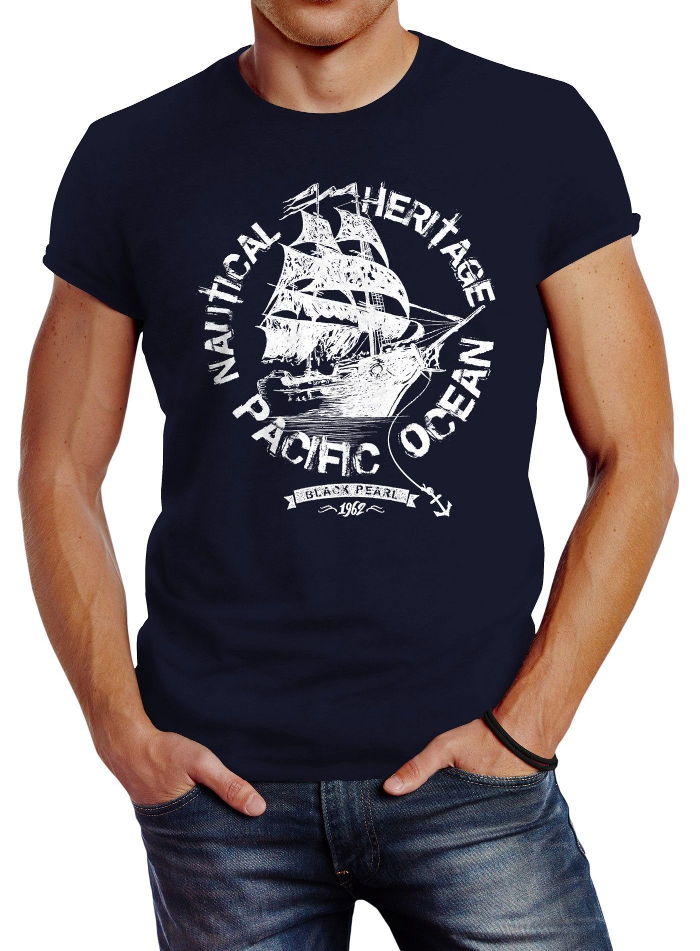 Neverless Print-Shirt Herren T-Shirt Segelschiff Piratenschiff Slim Fit Neverless® mit Print navy
