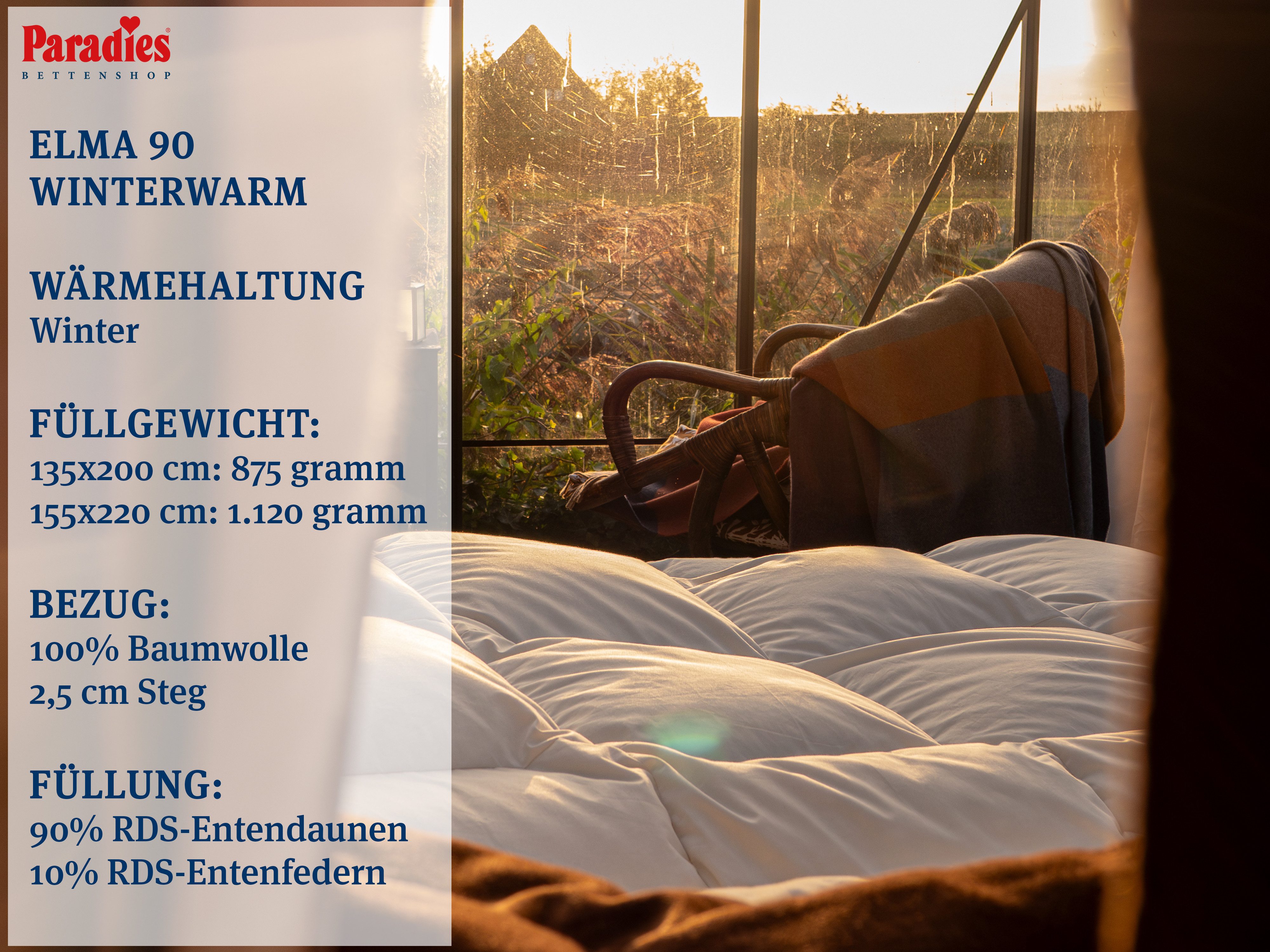 Paradies Daunenbettdecke Elma 90, Füllung: 90% Daunen, 10% Federn, Bezug: 100% Baumwolle, natürliche Leichtigkeit