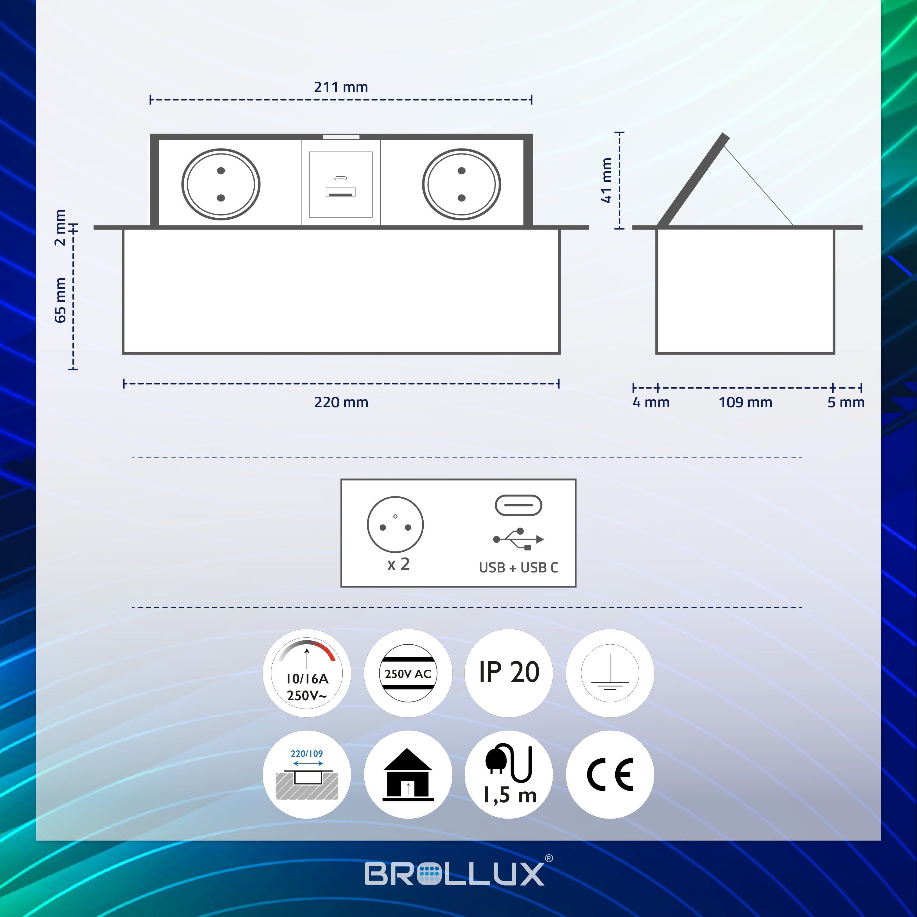 BROLLUX Einbausteckdose versenkbar Einbau-Tischsteckdosenleiste 4-fach Alu Anschlusskabel mit USB 1,5m Sprizguss (inkl. Schutzkontaktstecker, Kabellänge m), mit USBC & Softöffnung 1.5 Netzteil