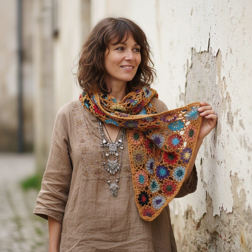 Guru-Shop Halstuch Häkelschal mit bunten Blümchen, Boho Schal -.., Festival günstig online kaufen