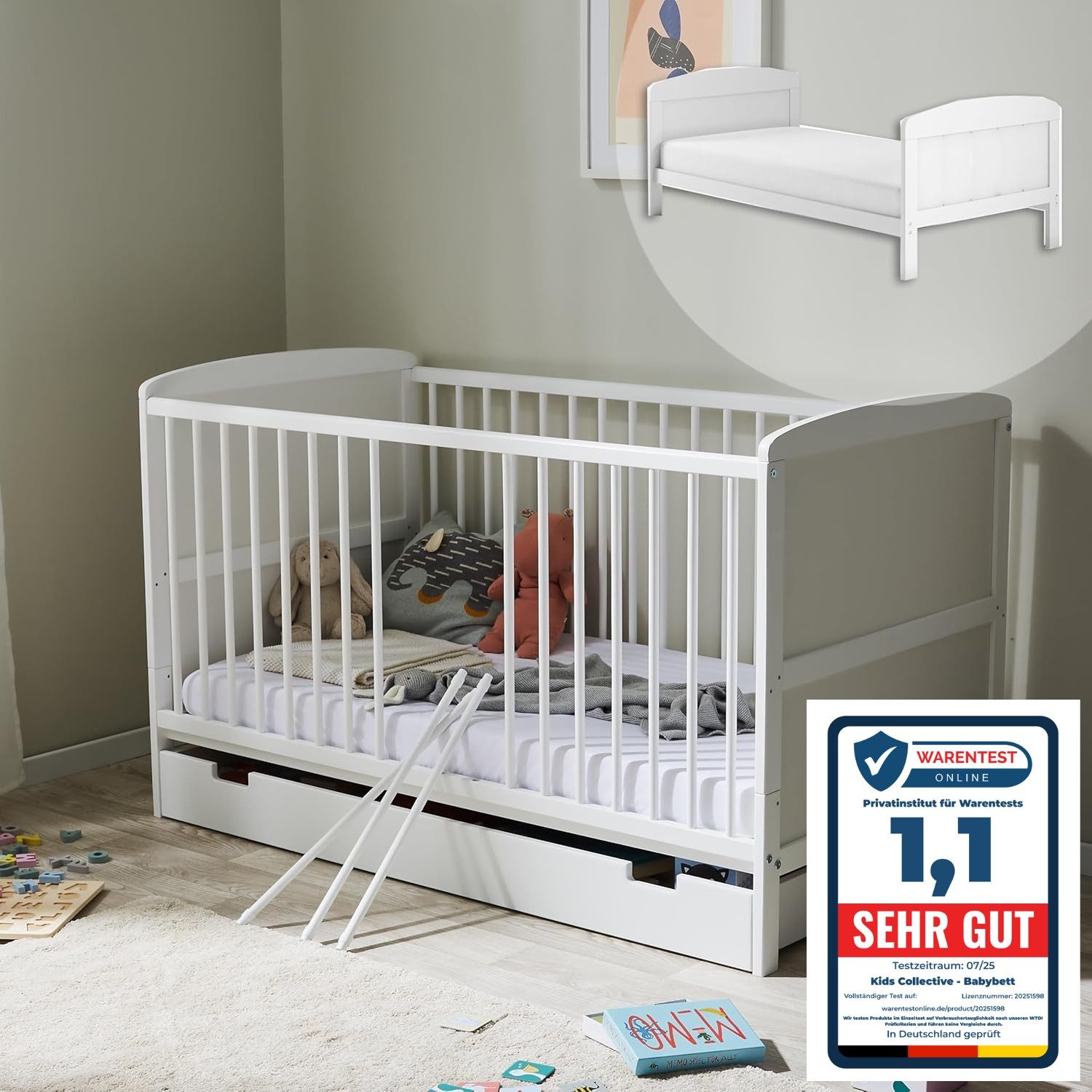Kids Collective Babybett Kinderbett 70x140 cm umbaubares Gitterbett höhenverstellbar, herausnehmbare Sprossen, weiss Vollholz Kiefer, mit Schublade
