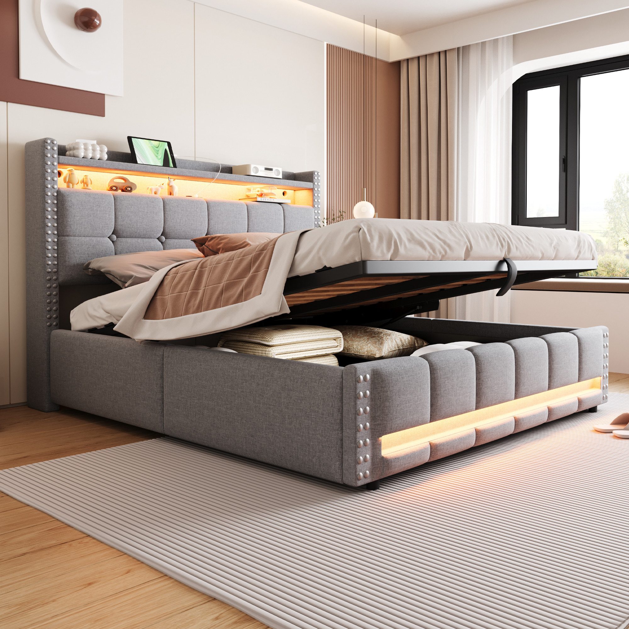 HAUSS SPOLE Polsterbett 160x200cm mit LED-Beleuchtung und USB-Steckdose, Le günstig online kaufen