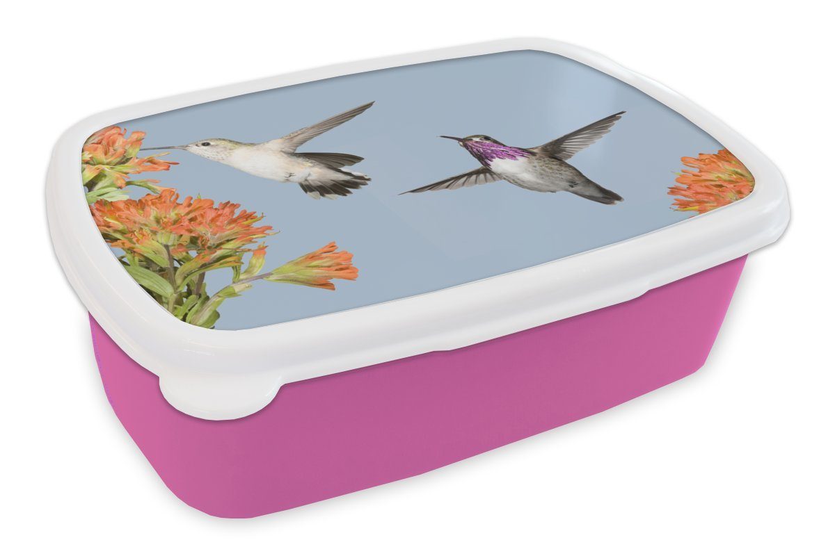 MuchoWow Lunchbox Kolibri - Blumen - Vögel, Kunststoff, (2-tlg), Brotbox für Erwachsene, Brotdose Kinder, Snackbox, Mädchen, Kunststoff rosa