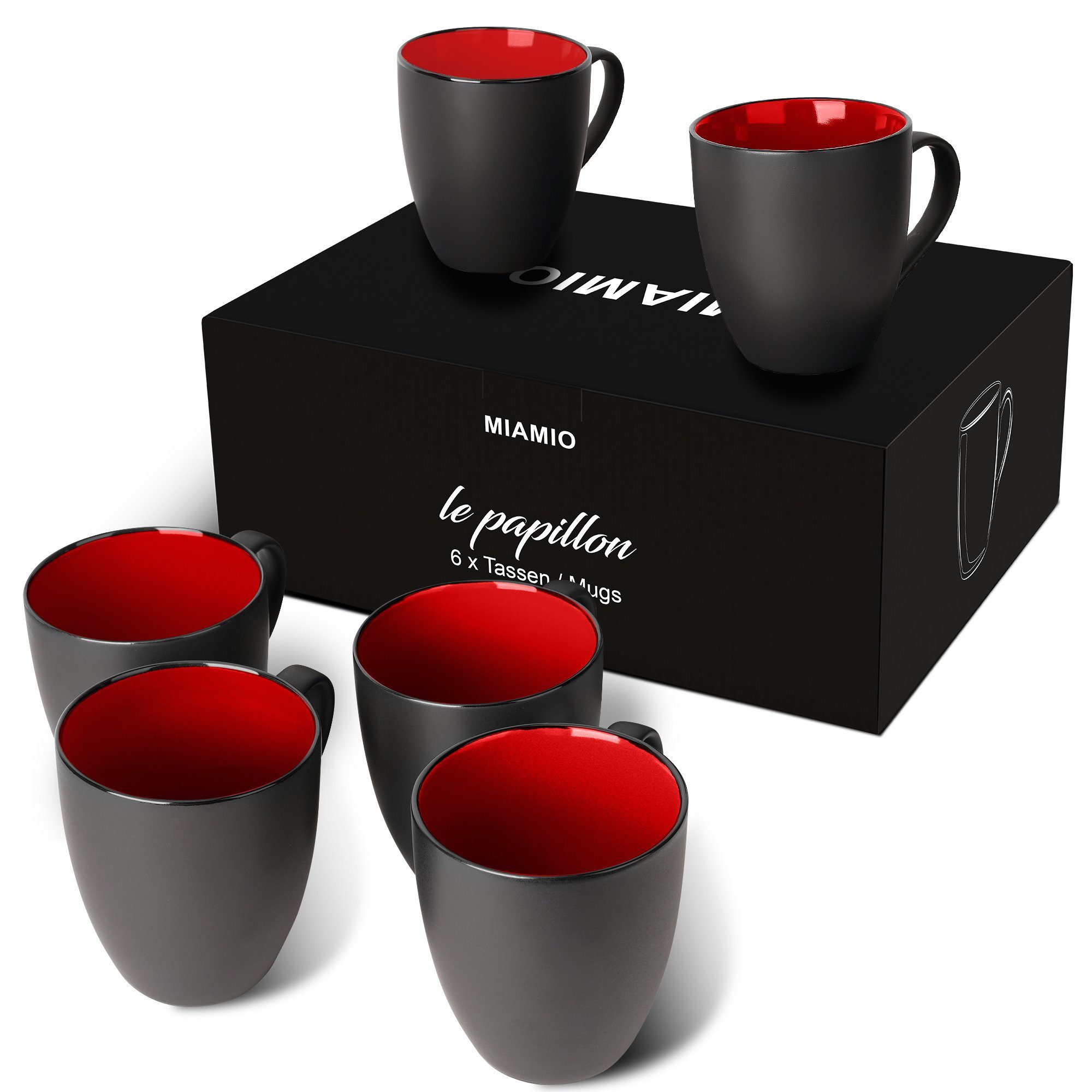 MiaMio Tasse MIAMIO - 6 x 350 ml Kaffeetassen Set Außen Schwarz Innen Farbig