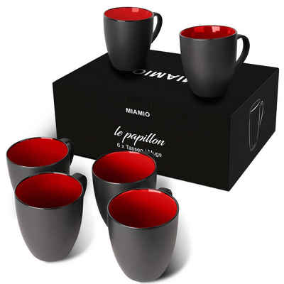 MiaMio Tasse 6 x 350 ml Kaffeetassen Set Außen Schwarz Innen Farbig (Rot)