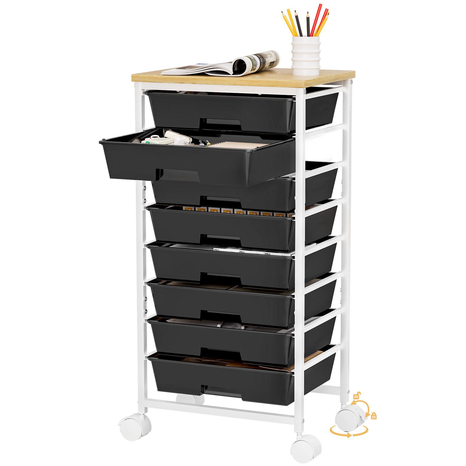 Yorbay Rollwagen mit 8 Schubladen und Holzplatte, Schubladenschrank aus Kunststoff, (Multifunktionaler Aufbewahrungsrollcontainer mit Rollen), für Wohnzimmer, Schlafzimmer, Badezimmer, Büro, Klassenzimmer, Küche