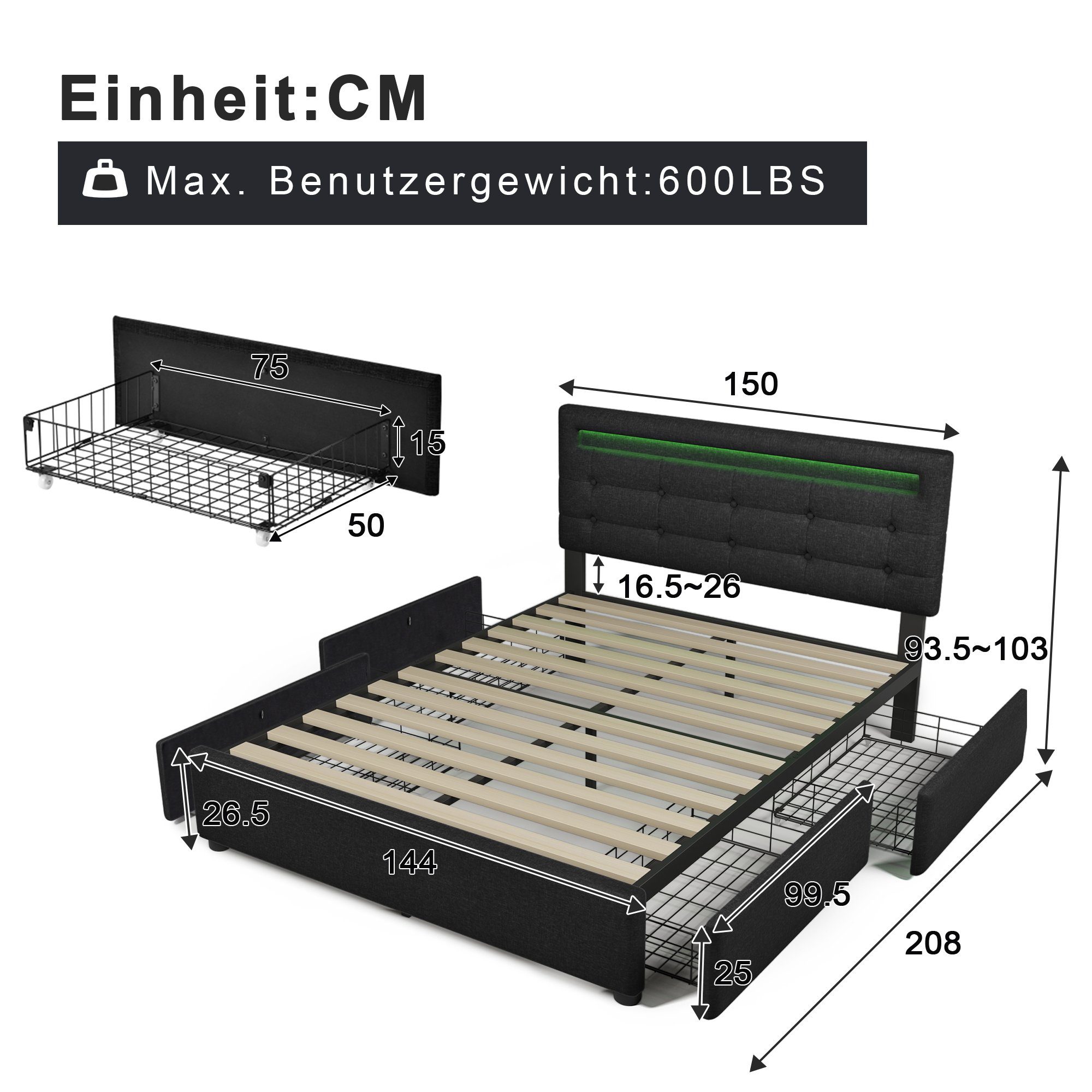 Polsterbett (mit LED-Beleuchtung, Fernbedienung und verstellbarem Kopfteil), Doppelbett mit Lattenrost, 4 Schubladen, Leinen, 140x200cm Bett
