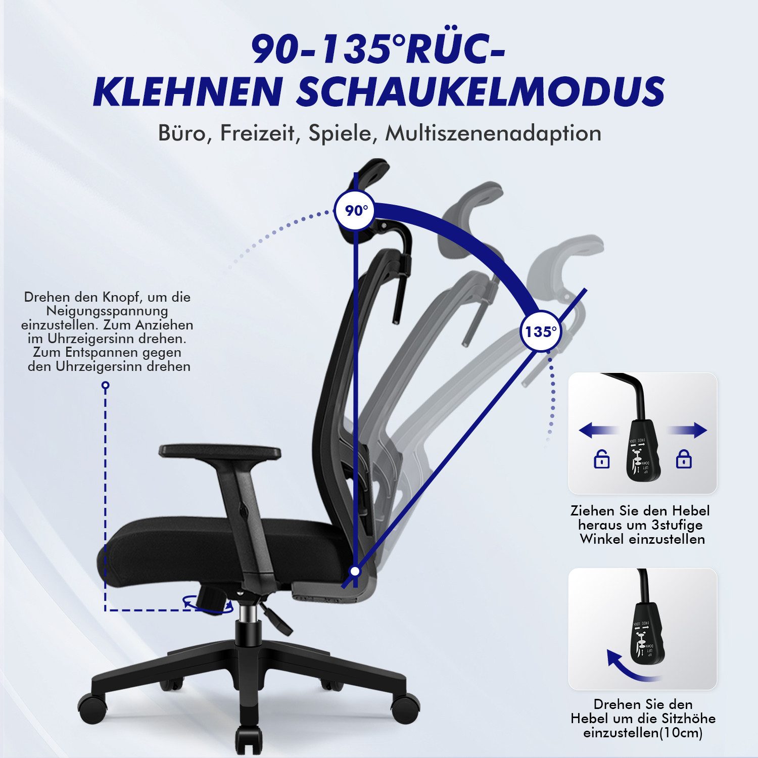 Adormii Bürostuhl bürostuhl ergonomisch, schreibtischstuhl mit verstellbarer Lendenstütze (Ergonomischer bürostuhl mit verstellbaren Armlehnen, büro stuhl bis zu 135° neigbar, ergonomic office chair mit höhenverstellbarer, atmungsaktiv und komfortabel, bürostuhl 200 kg)