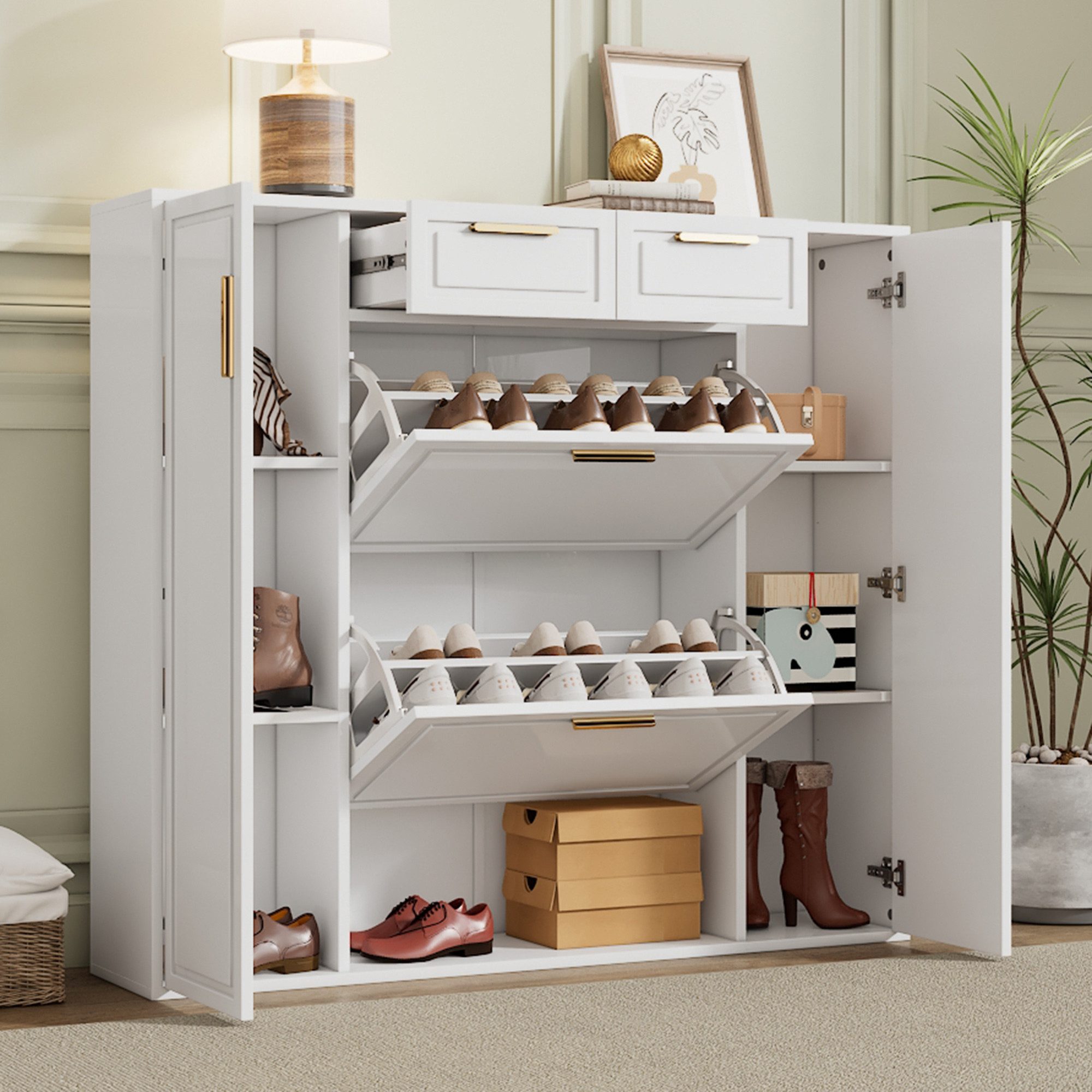 Odikalo Schuhschrank Schuhkommode Klappschuhschrank mit Schubladen B120/D24/H107CM Weiß