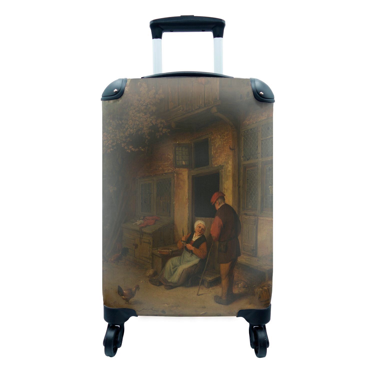 MuchoWow Handgepäckkoffer Eine Frau putzt Heringe vor einem Haus - Gemälde von Adriaen van, 4 Rollen, Reisetasche mit rollen, Handgepäck für Ferien, Trolley, Reisekoffer