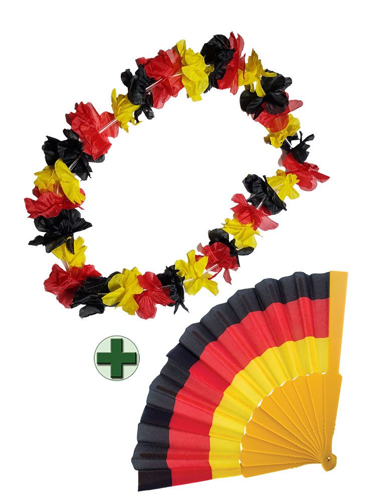 Karneval-Klamotten Kostüm Flagge Hawaiikette mit Fächer schwarz rot gold, Deutschland Fußball EM 2024 Fan Artikel Set Europameisterschaft