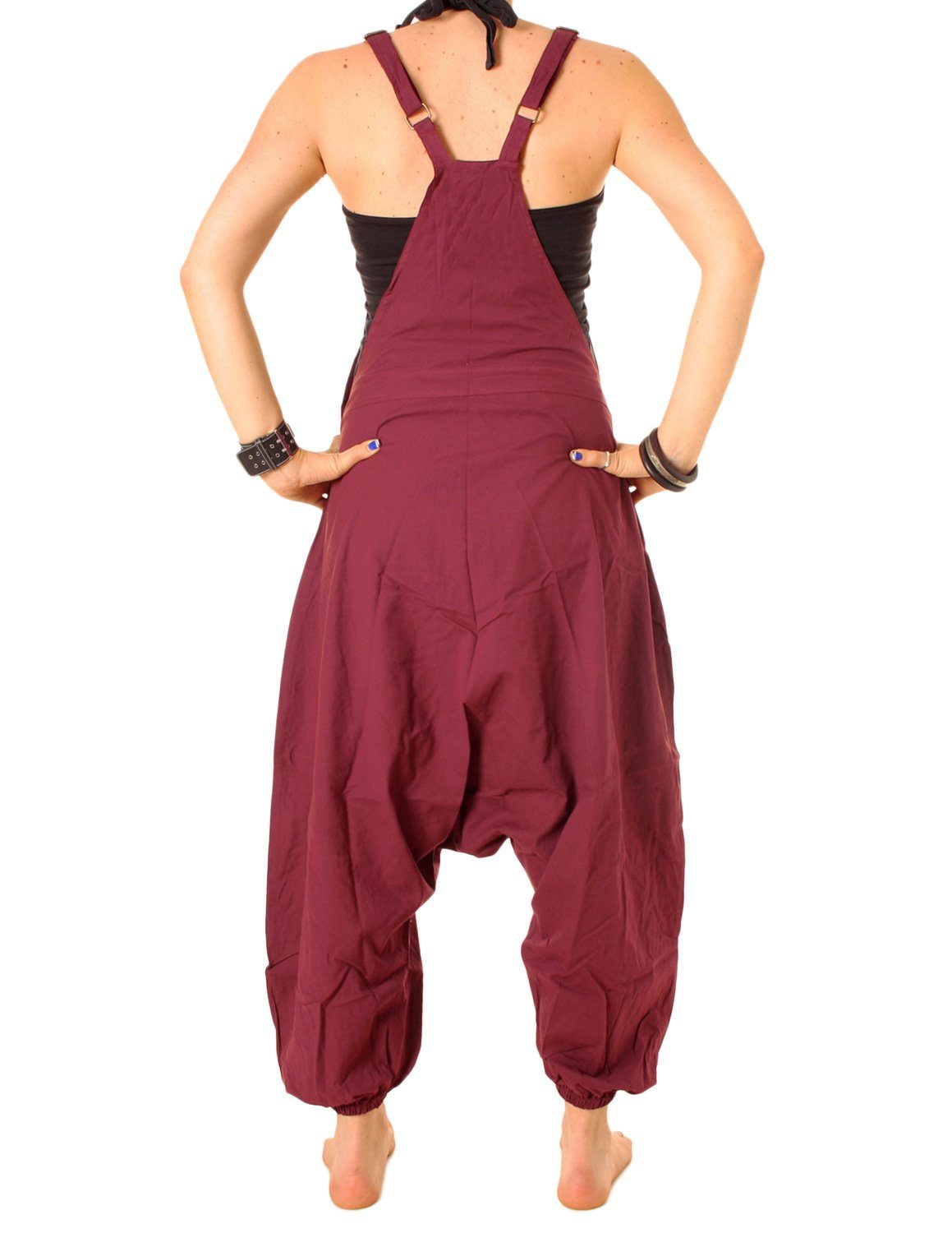 Vishes Latzhose Damen einfarbig Goa, Hippie, Sommer zu Baumwolle Hose bequem tragen, Overall bordeaux Haremshose