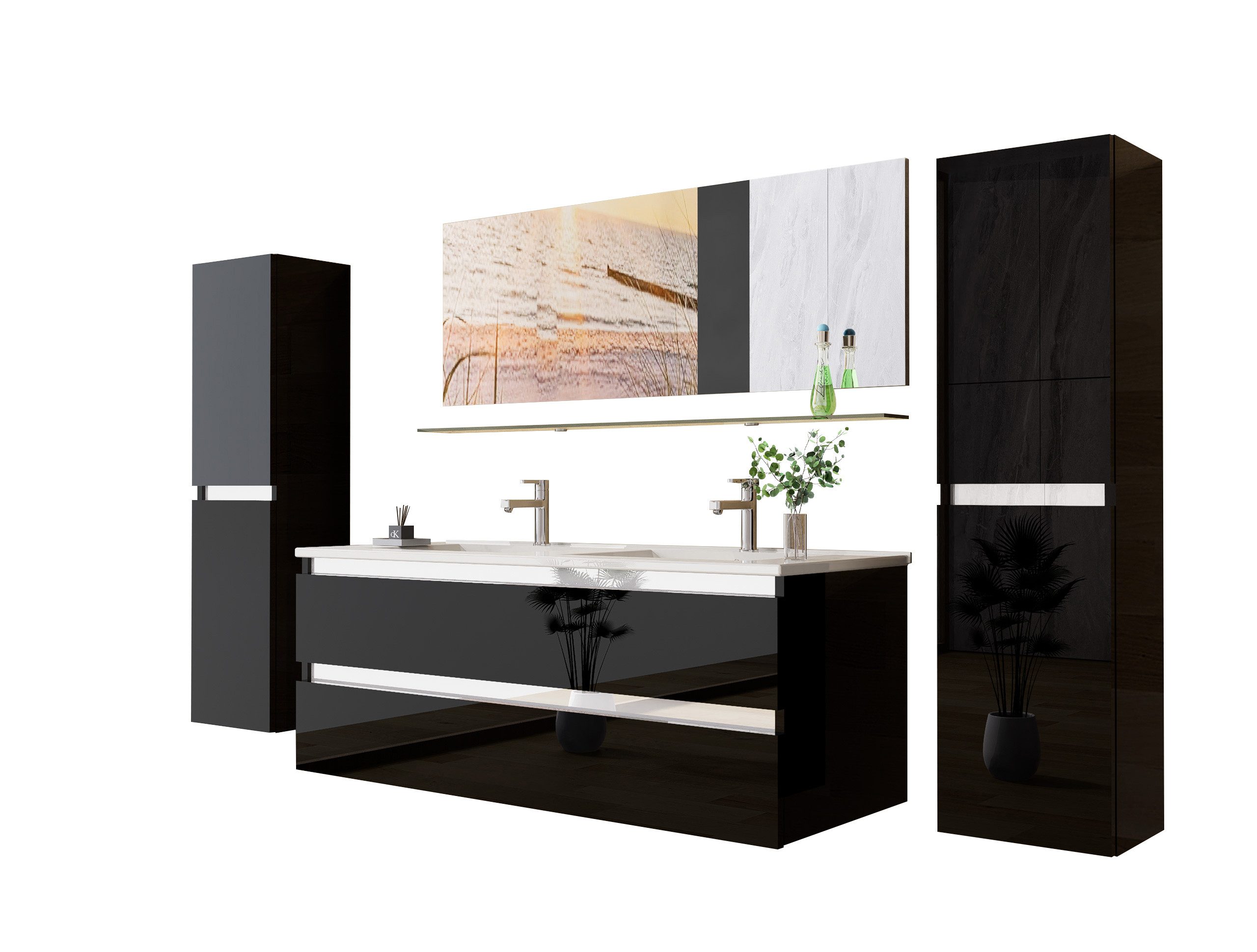 Badezimmer-Set Doppelwaschtisch 120 Badmöbel Schwarz Hochglanz 6 Teilig