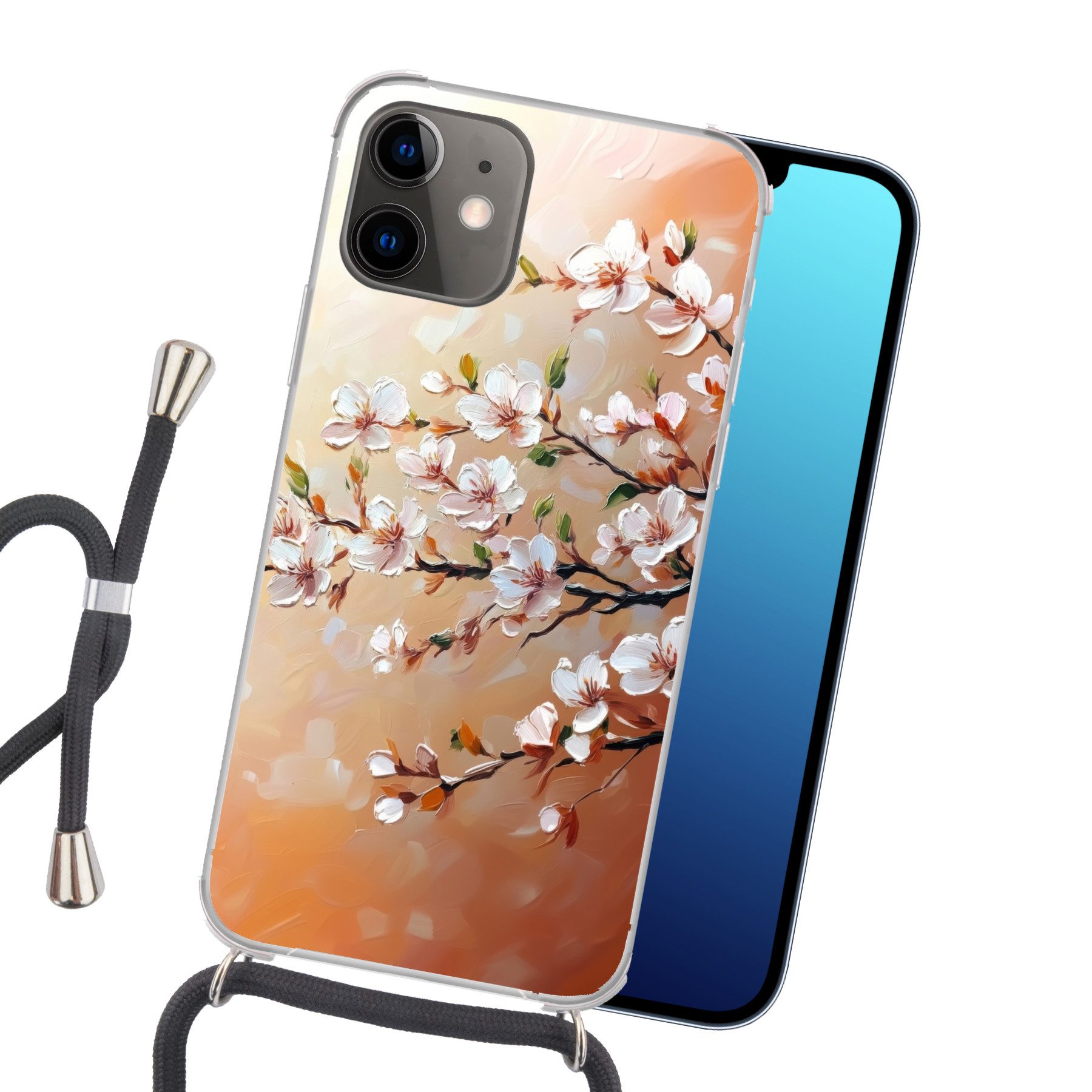 MuchoWow Handyhülle für Apple iPhone 12 Blütenzweige - Malerisch - Rosa, Tragbare Handyhüllen mit Kette zum umhängen, Handykette Handyband