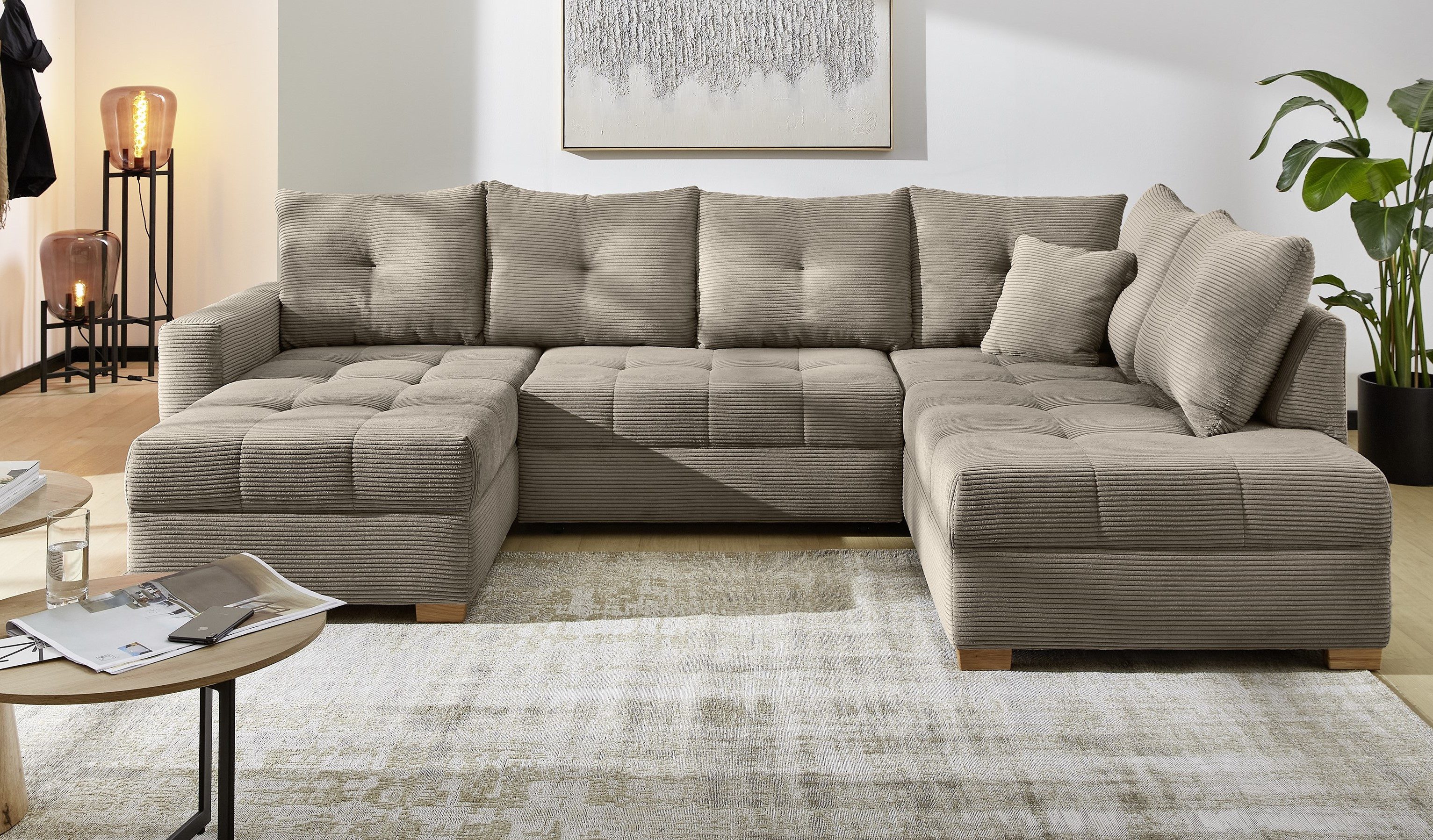 Jockenhöfer Gruppe Wohnlandschaft Abby U-Form, B: 313 cm, inkl. Schlaffunktion, inkl Bettkasten, große Liegefläche 273x147cm, Massivholz Füße