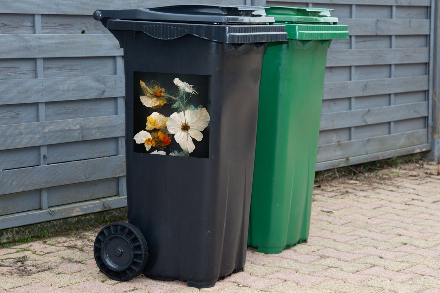 MuchoWow Abfalbehälter - Pflanzen Weiß Container, (1 Mülltonne, - Wandsticker St), - Schwarz Sticker, Blumen Mülleimer-aufkleber,