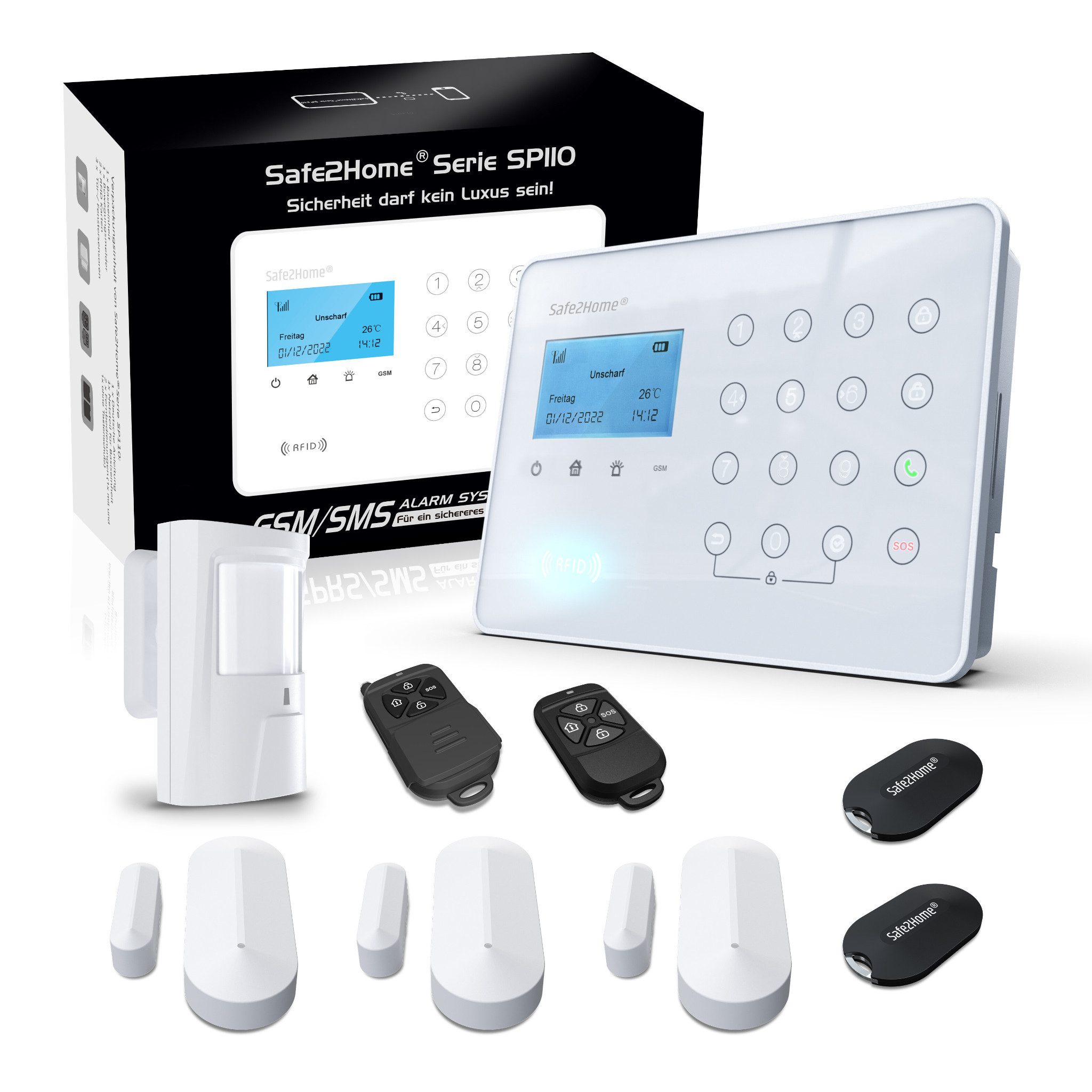 Safe2Home SP110 Funk Alarmsystem – Komplettset mit Датчик движения & Sirene Alarmanlage