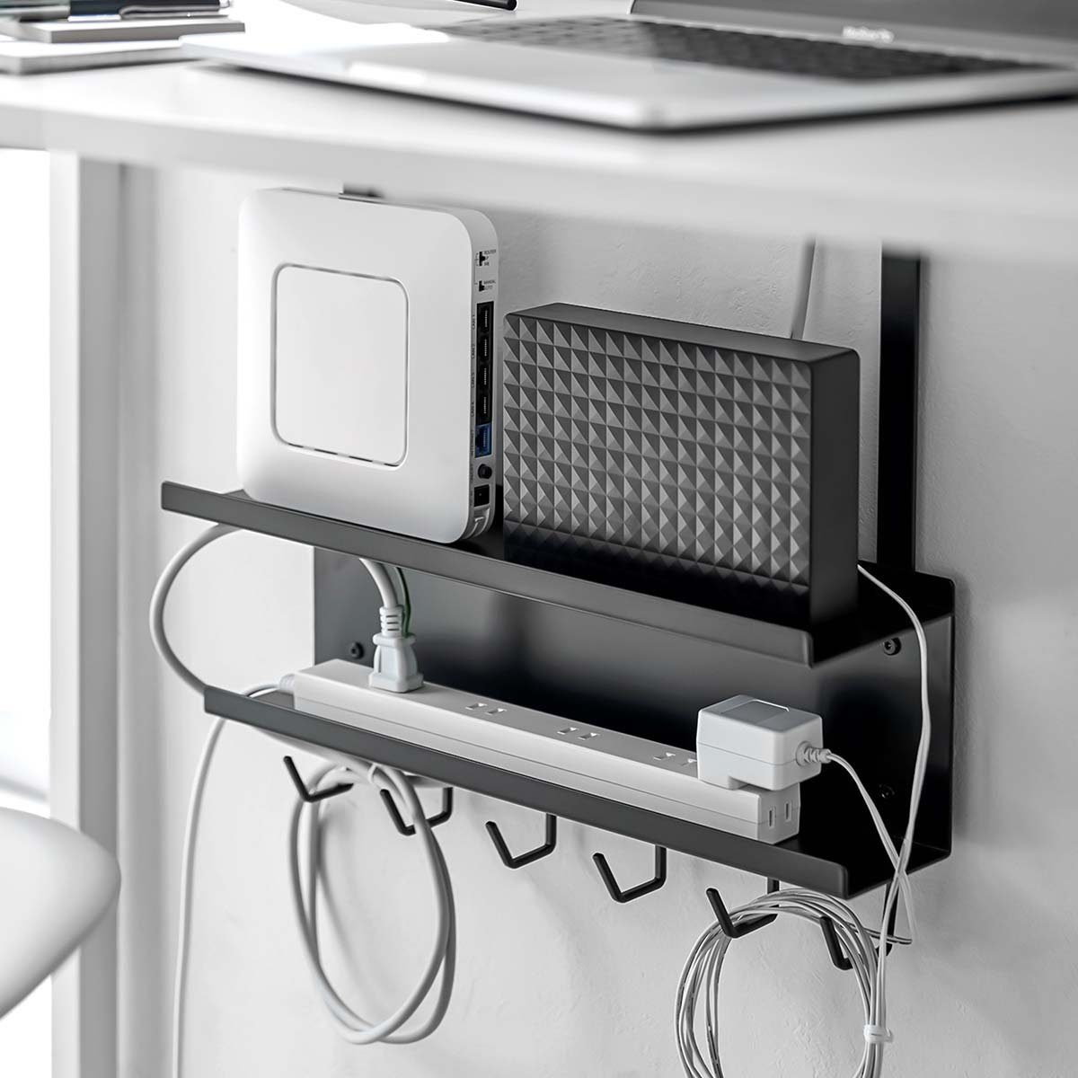Yamazaki Kabelkanal Smart Kabelorganizer Metall zum Anklemmen an Schreibtisch 2 Ebenen (Organizer), Kabelmanagement Schreibtisch, 2 Ebenen aus Metall, 6 Haken, klemmen