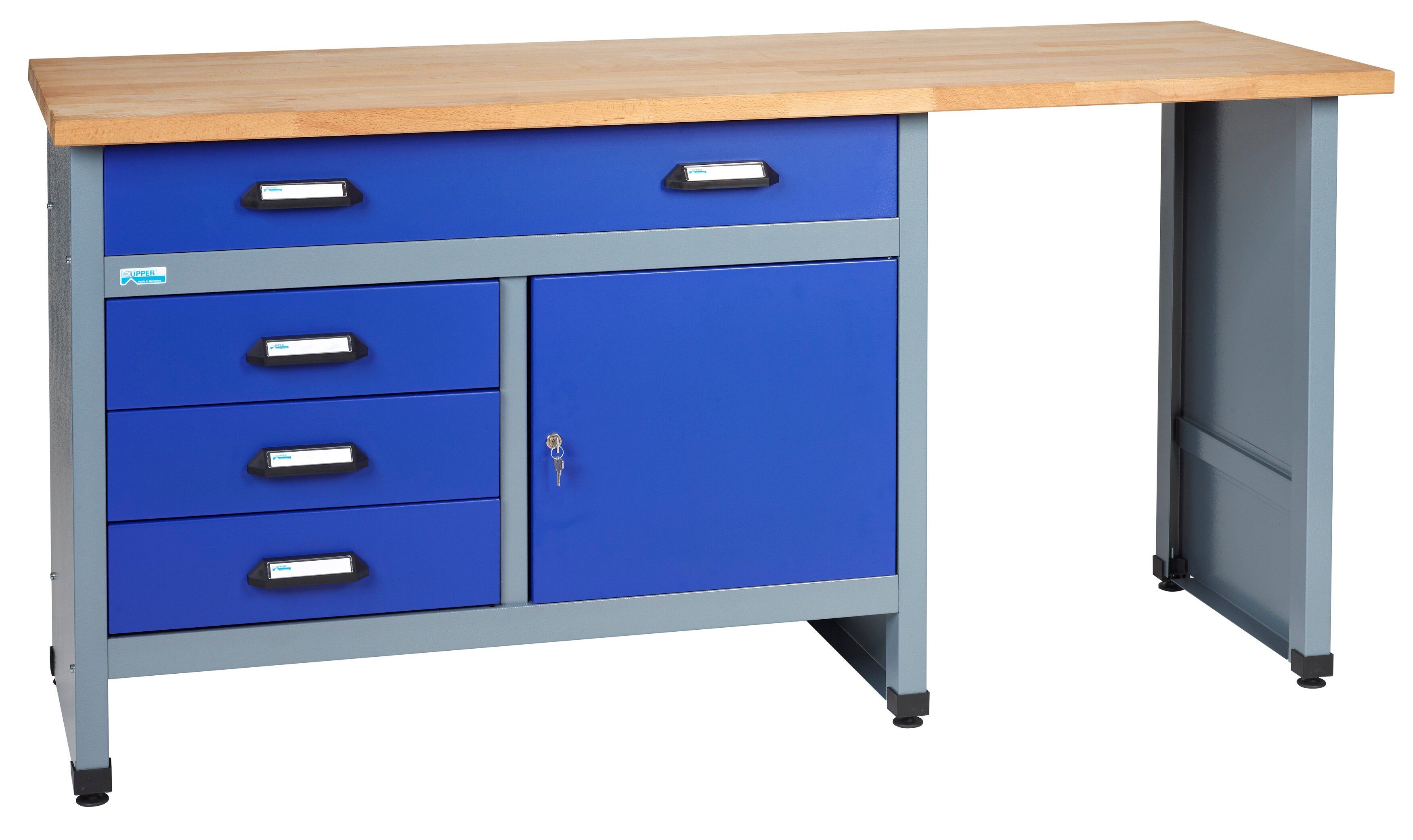 Werkbank 12037, 4 Schubladen, 1 Tür, Sitzraum, 300 kg Traglast, ultramarinblau