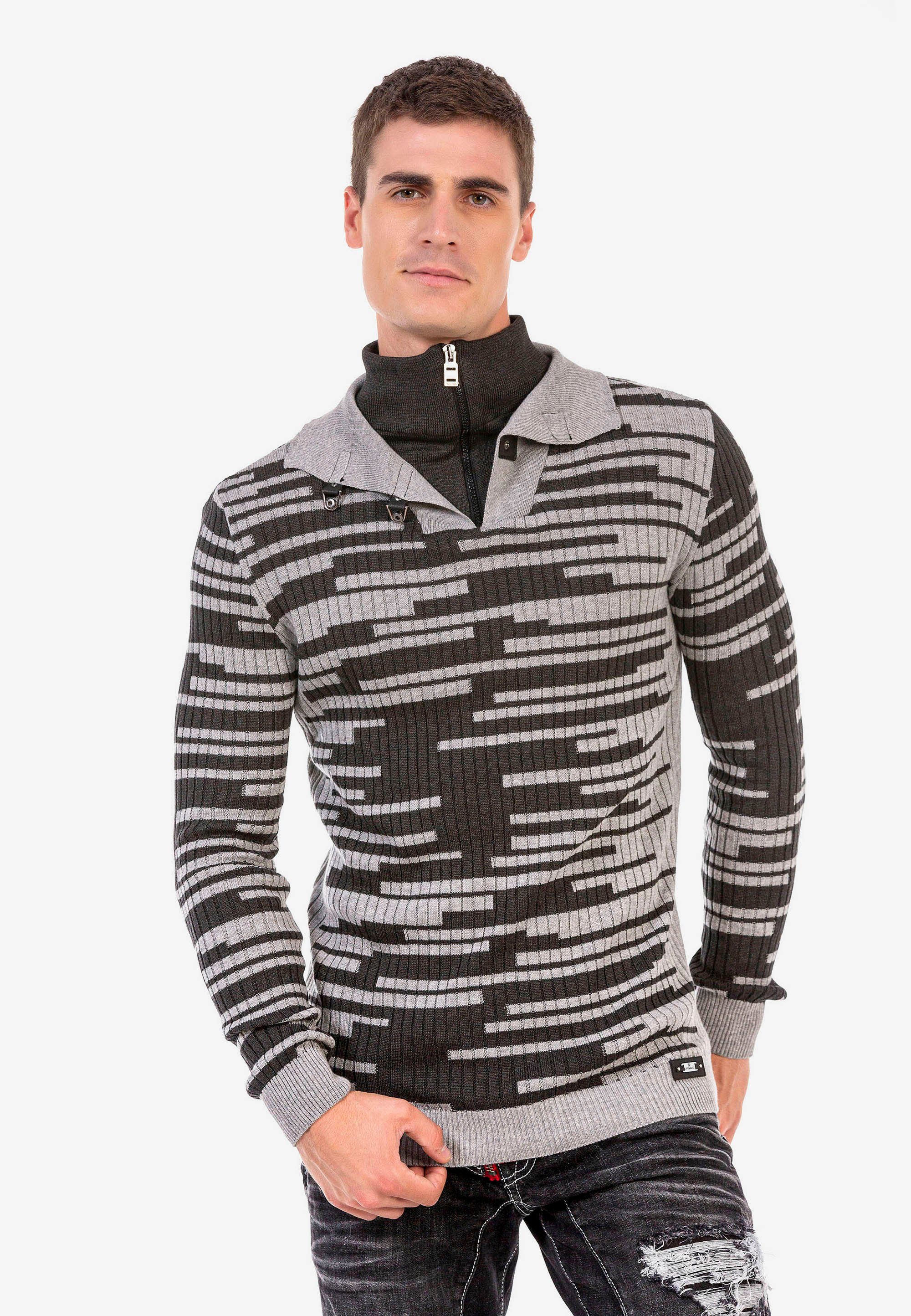 mit Allover-Muster Baxx & Strickpullover grau Cipo tollem