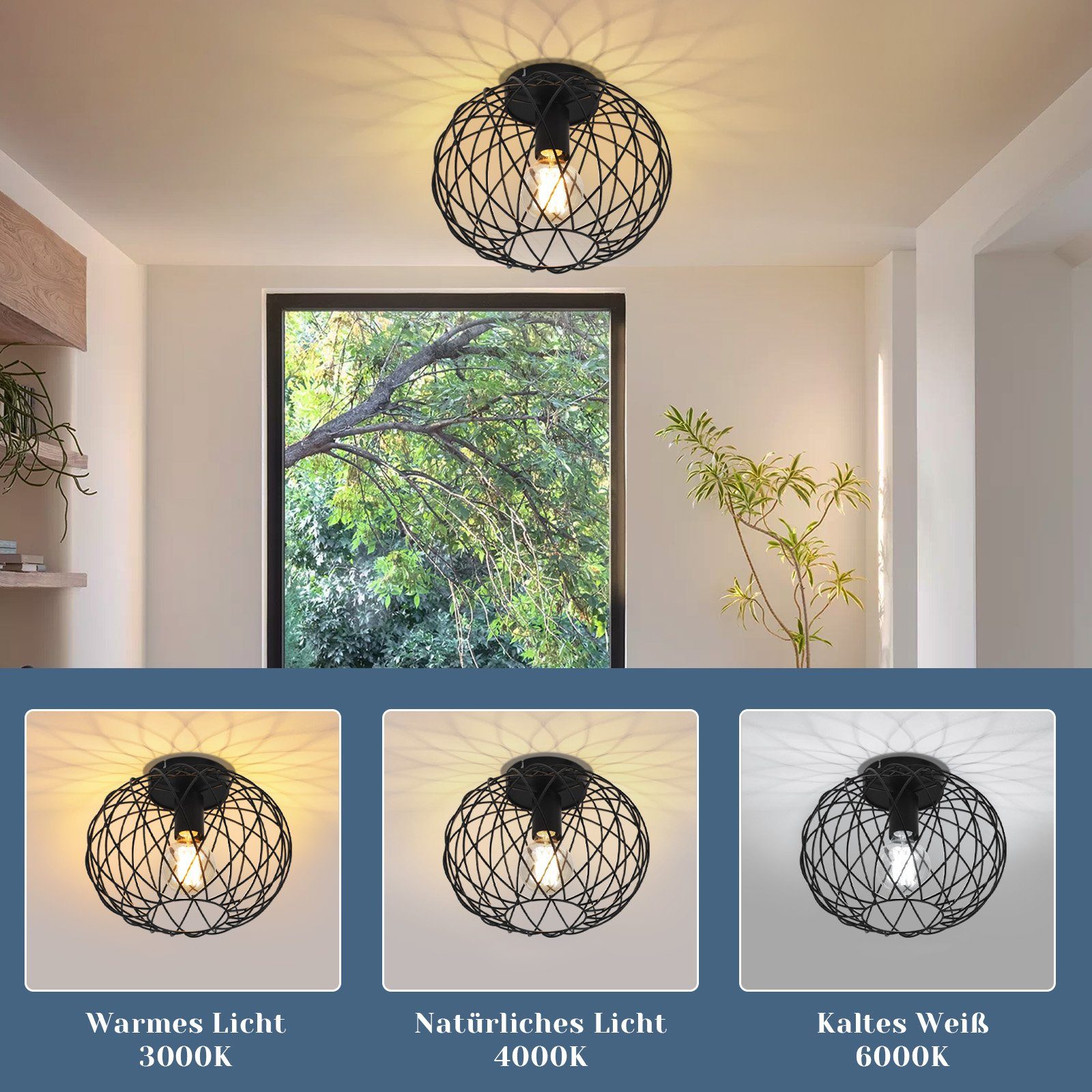 Nettlife Deckenleuchte 1 Flammig Deckenlampe Vintage E27 Flurlampe Schwarz Flur Küchenlampe, LED wechselbar, Flur Schlafzimmer Küche – Bild 3 von 5