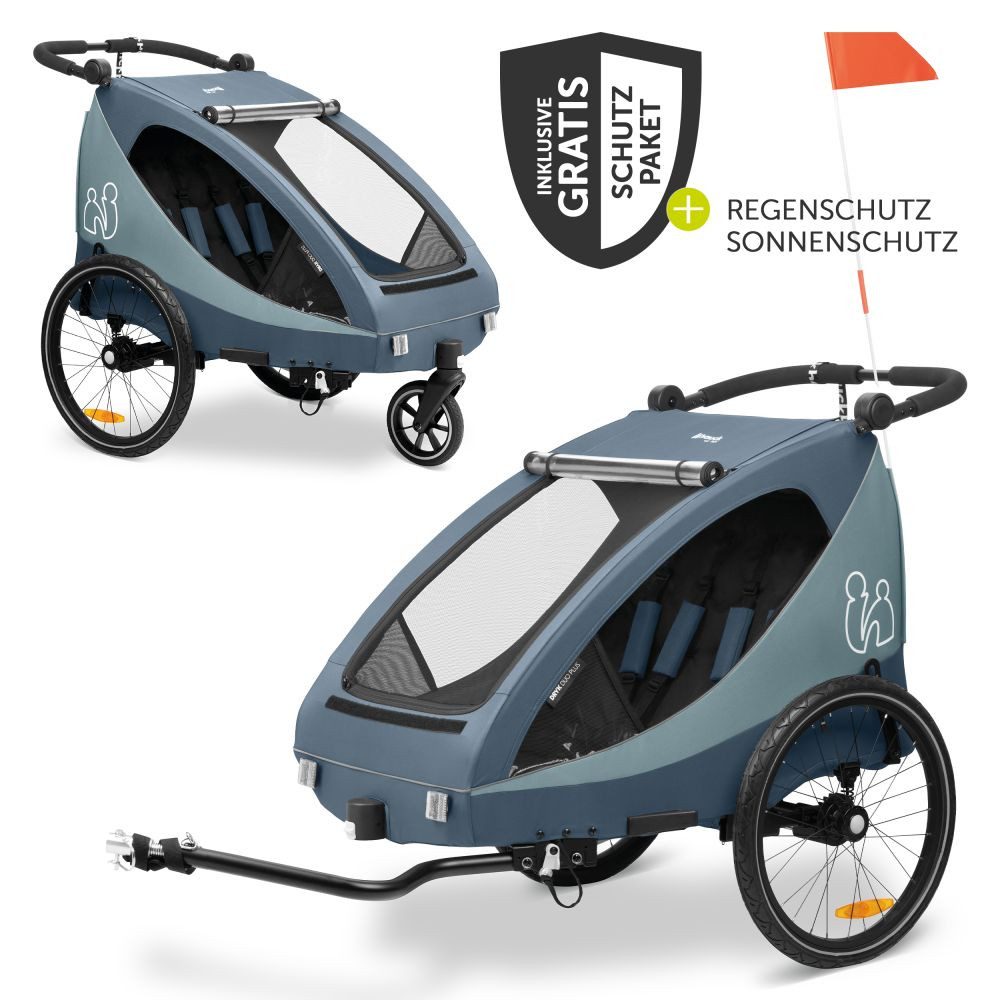Hauck Fahrradkinderanhänger Dryk Duo Plus - Dark Blue, Fahrradanhänger / Buggy für 2 Kinder bis 44 kg mit Regenschutz